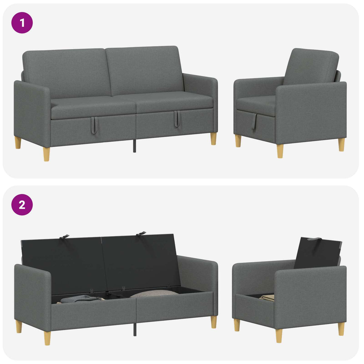 Set di Divani con Storage 2 pz Grigio Scuro Poliestere
