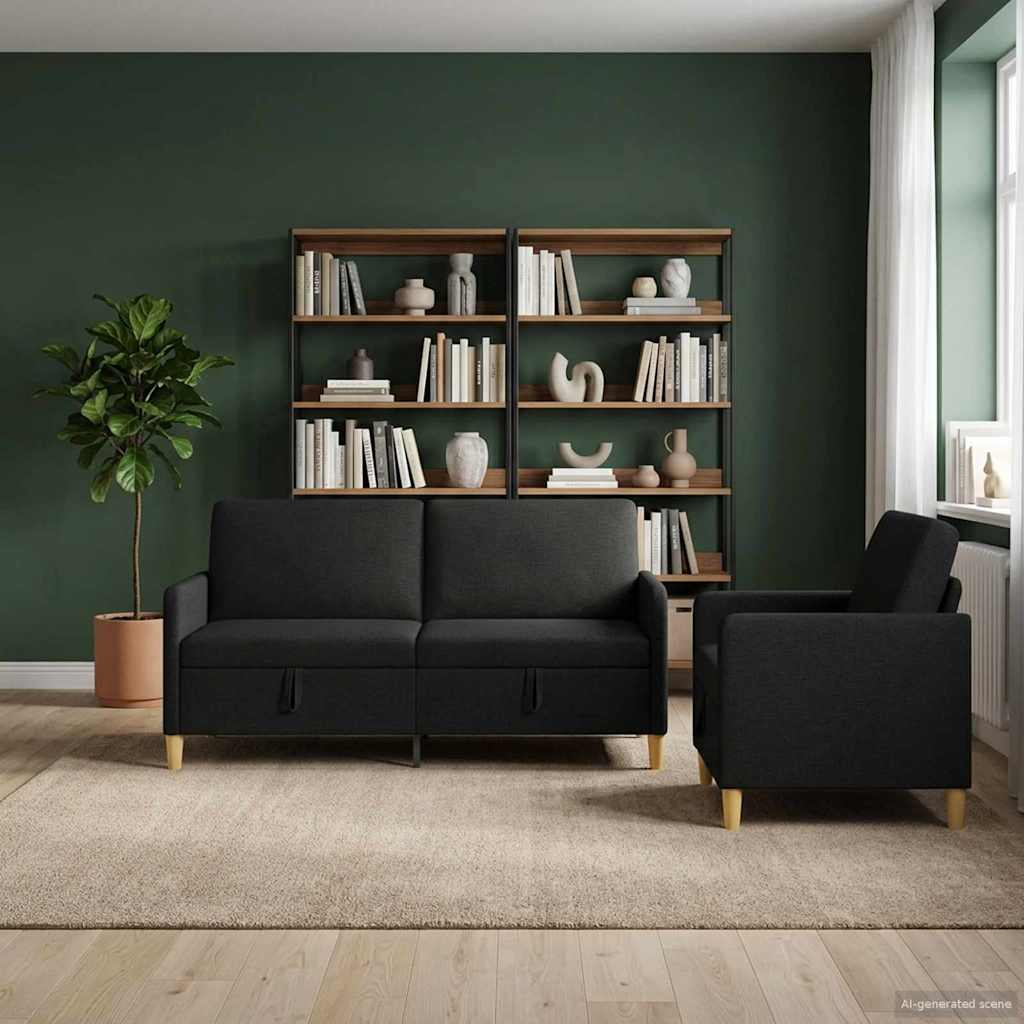 Set di Divani con Storage 2 pcs Nero Poliestere | homemem39