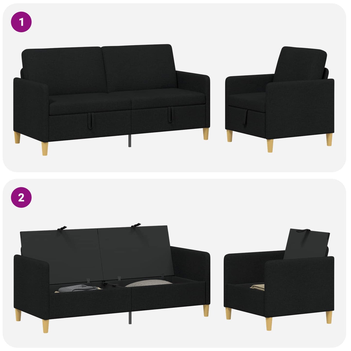 Set di Divani con Storage 2 pcs Nero Poliestere | homemem39