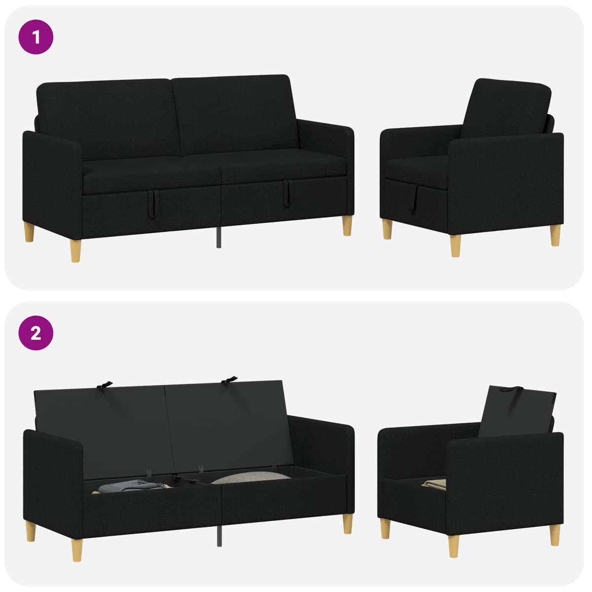 Set di Divani con Storage 2 pz Nero Poliestere