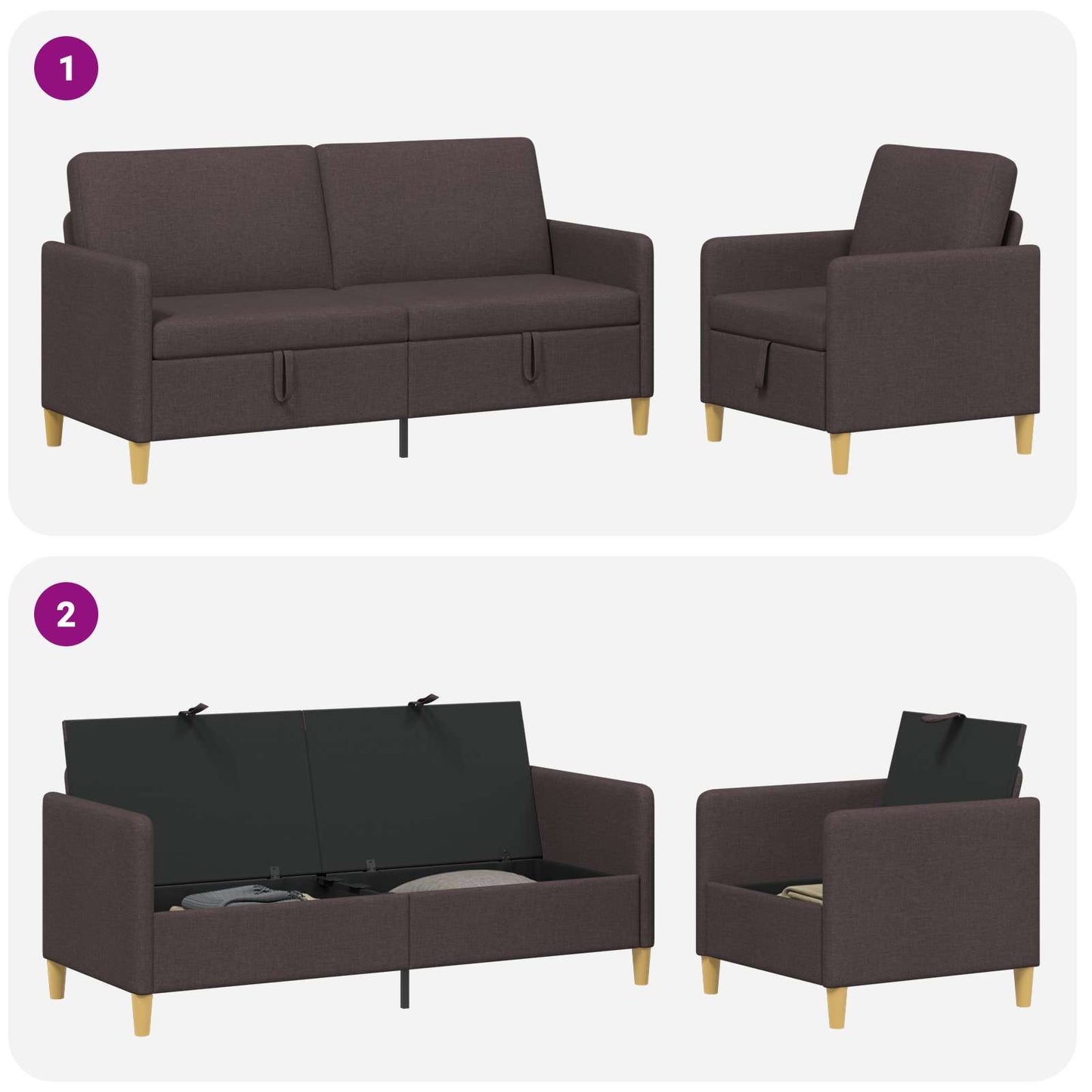 Set di Divani con Storage 2 pcs Marrone Scuro Poliestere | homemem39