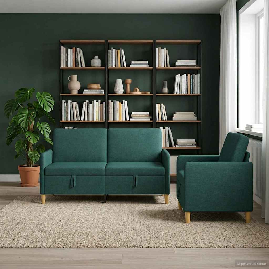 Set di Divani con Storage 2 pz Verde Scuro Poliestere