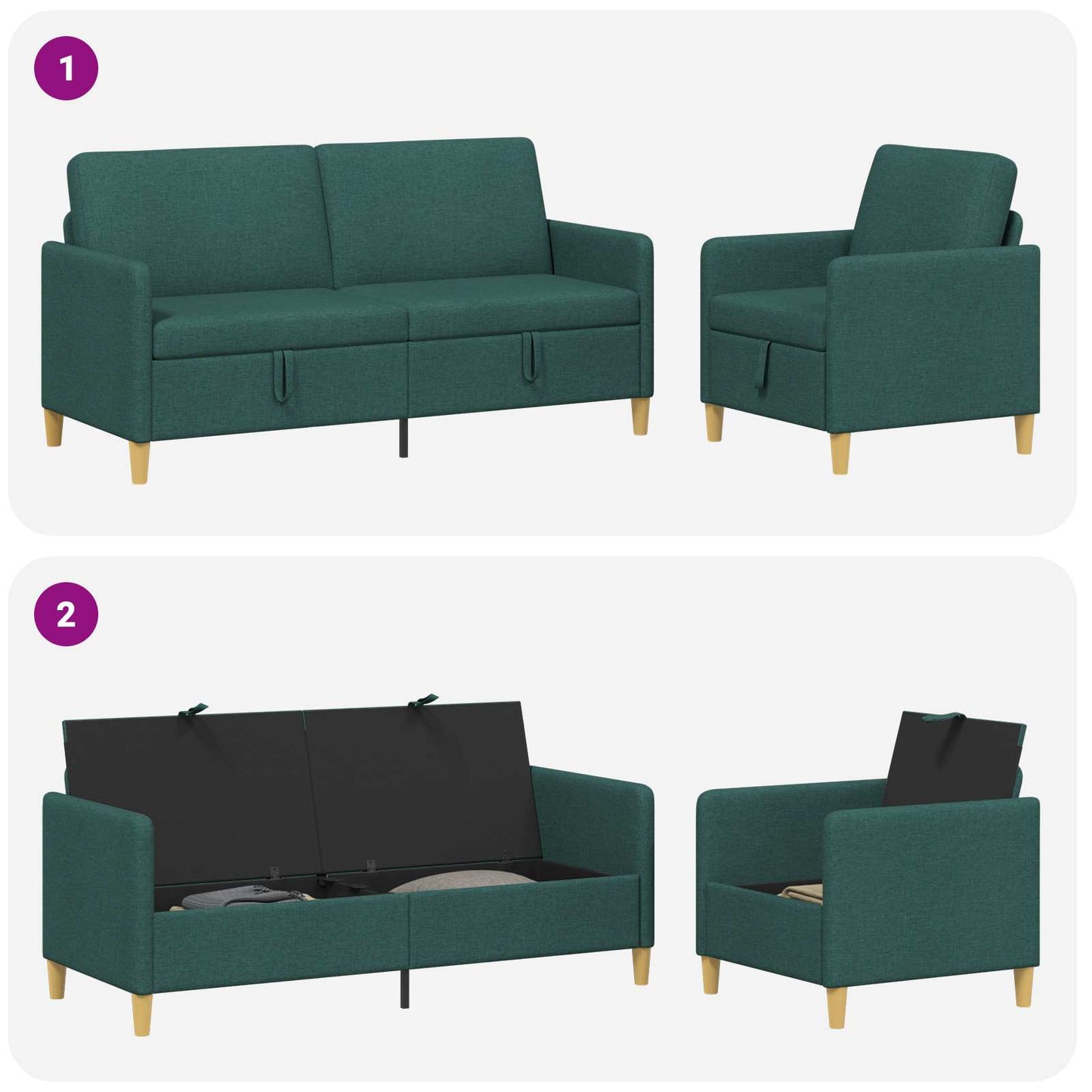 Set di Divani con Storage 2 pcs Verde Scuro Poliestere | homemem39