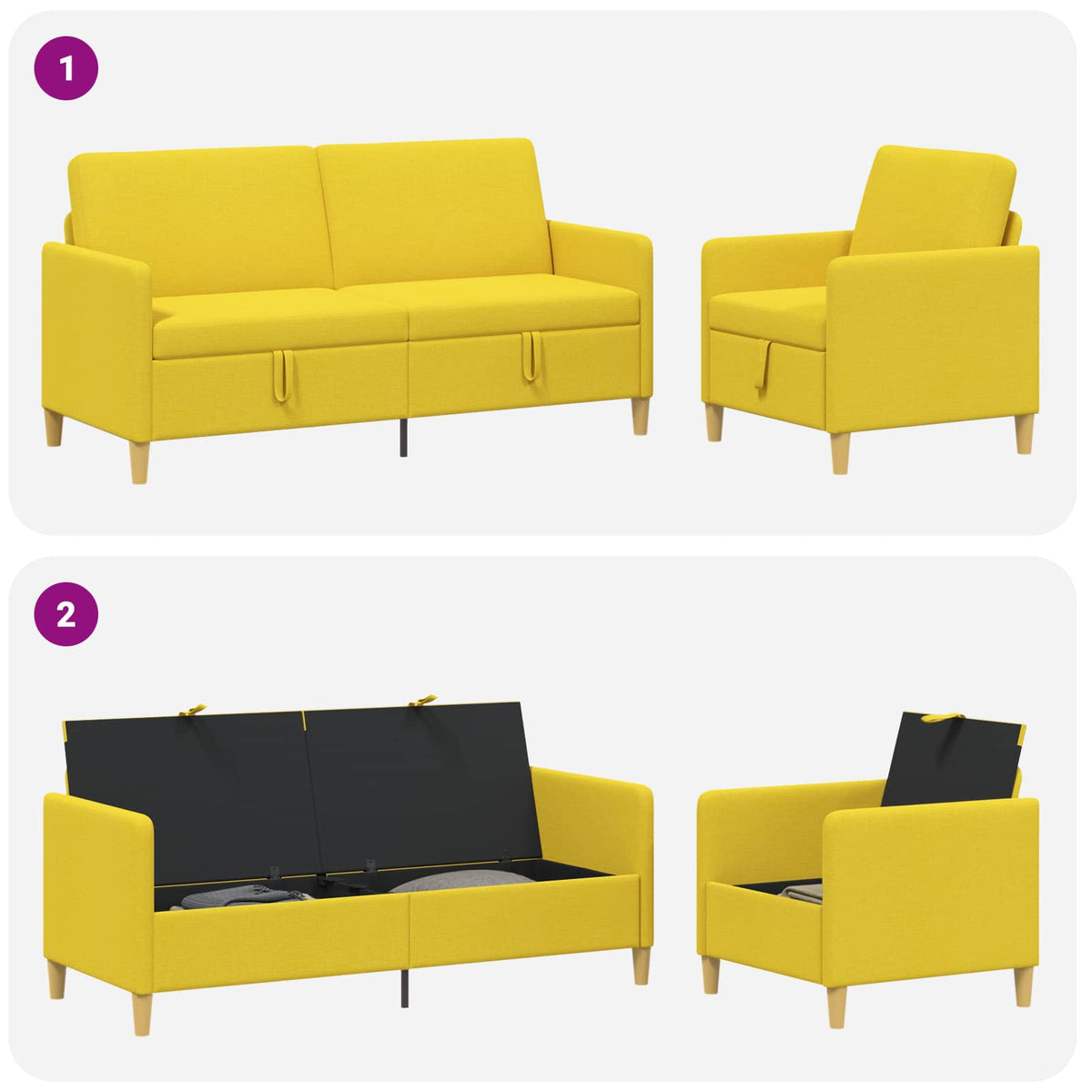 Set di Divani con Storage 2 pz 4 posto Giallo Chiaro Poliestere