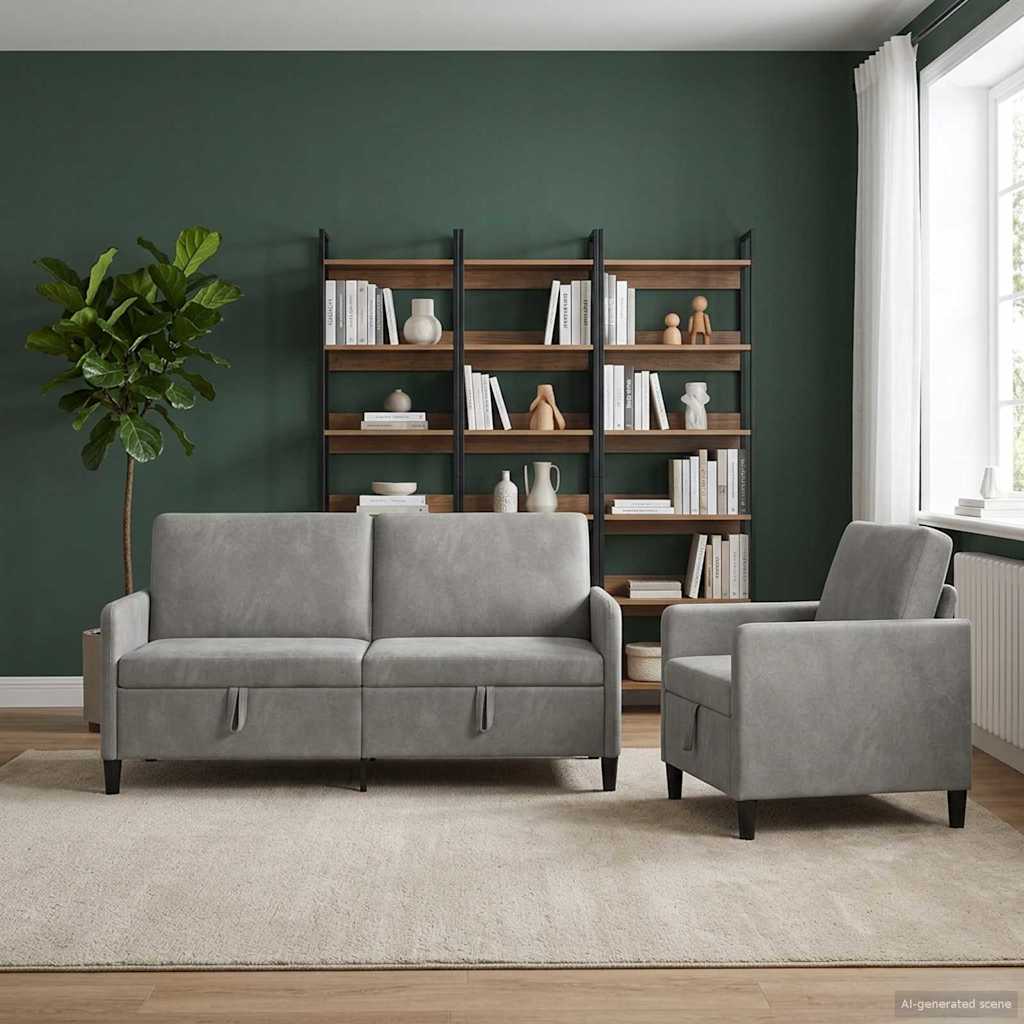 Set di Divani con Storage 2 pz Grigio Chiaro Poliestere