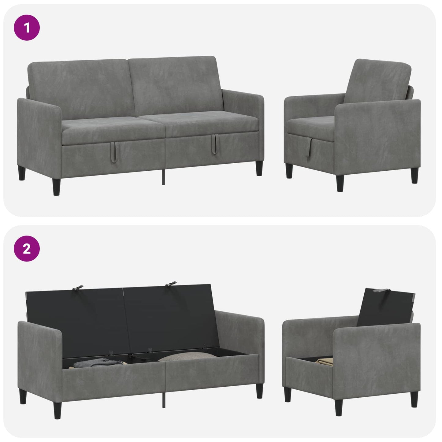 Set di Divani con Storage 2 pz Grigio Scuro Poliestere