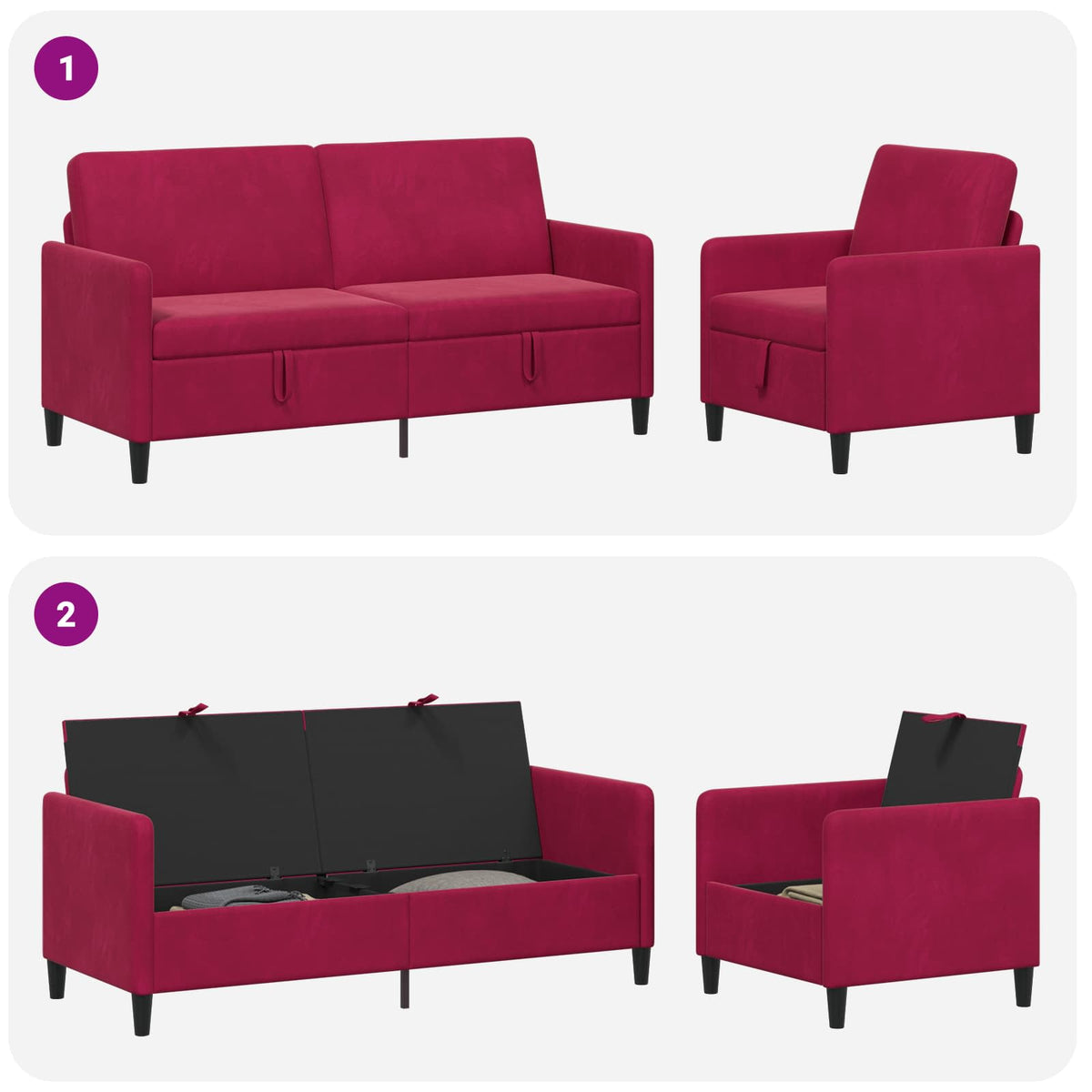 Set di Divani con Storage 2 pz Rosso Vino Poliestere