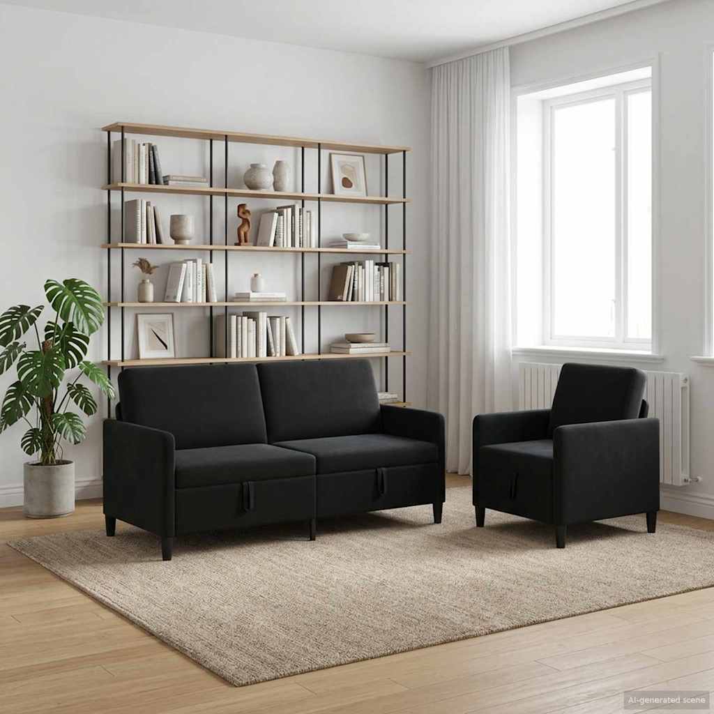 Set di Divani con Storage 2 pz Nero Poliestere