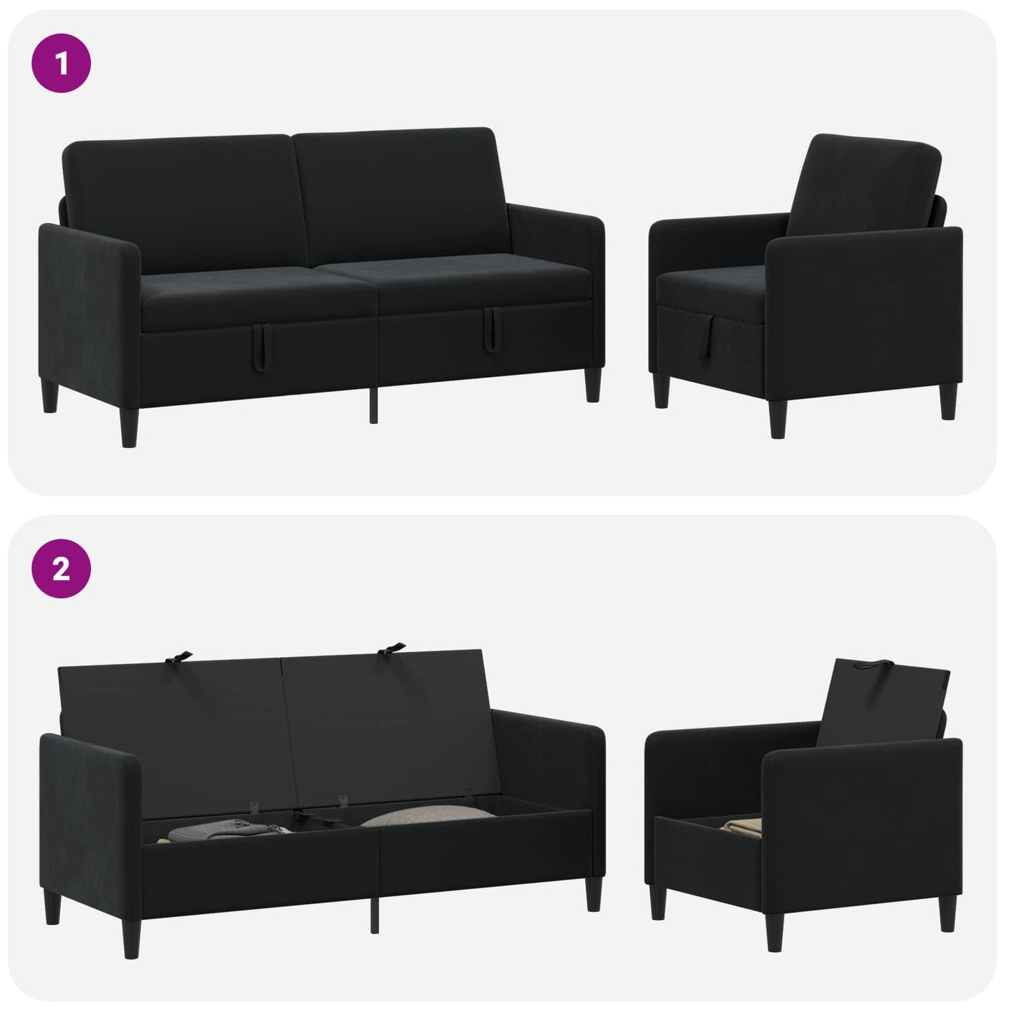 Set di Divani con Storage 2 pz Nero Poliestere | homemem39