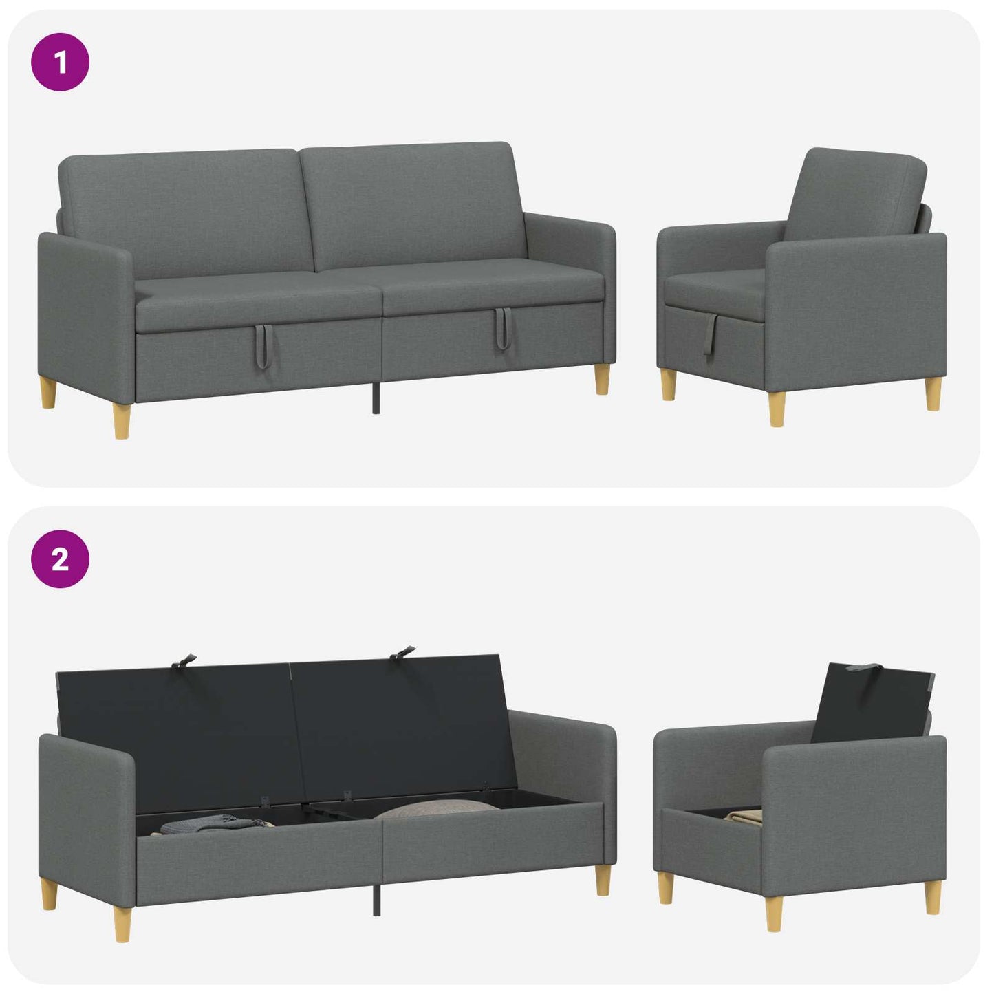 Set di Divani con Storage 2 pcs Grigio Scuro Poliestere | homemem39