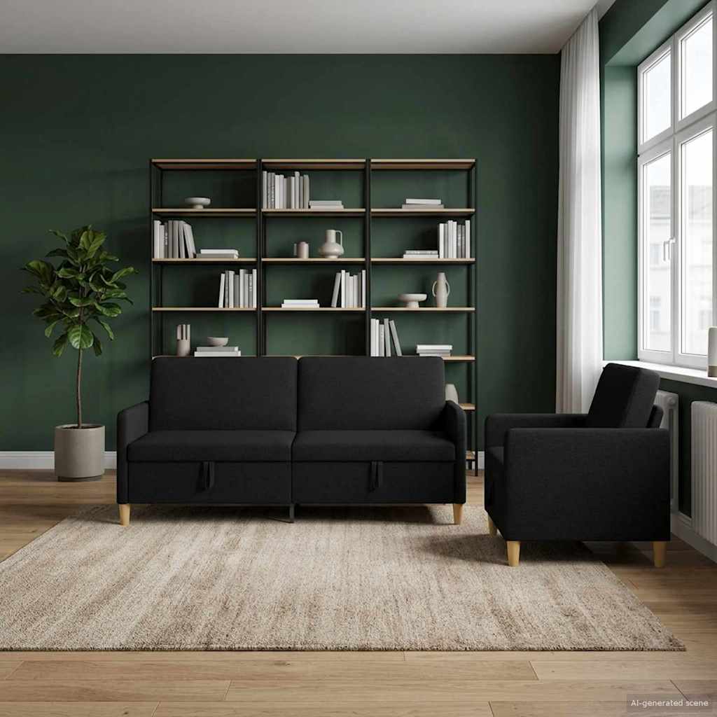 Set di Divani con Storage 2 pz Nero Poliestere