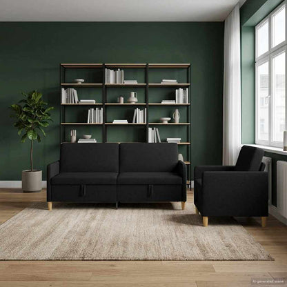 Set di Divani con Storage 2 pz Nero Poliestere