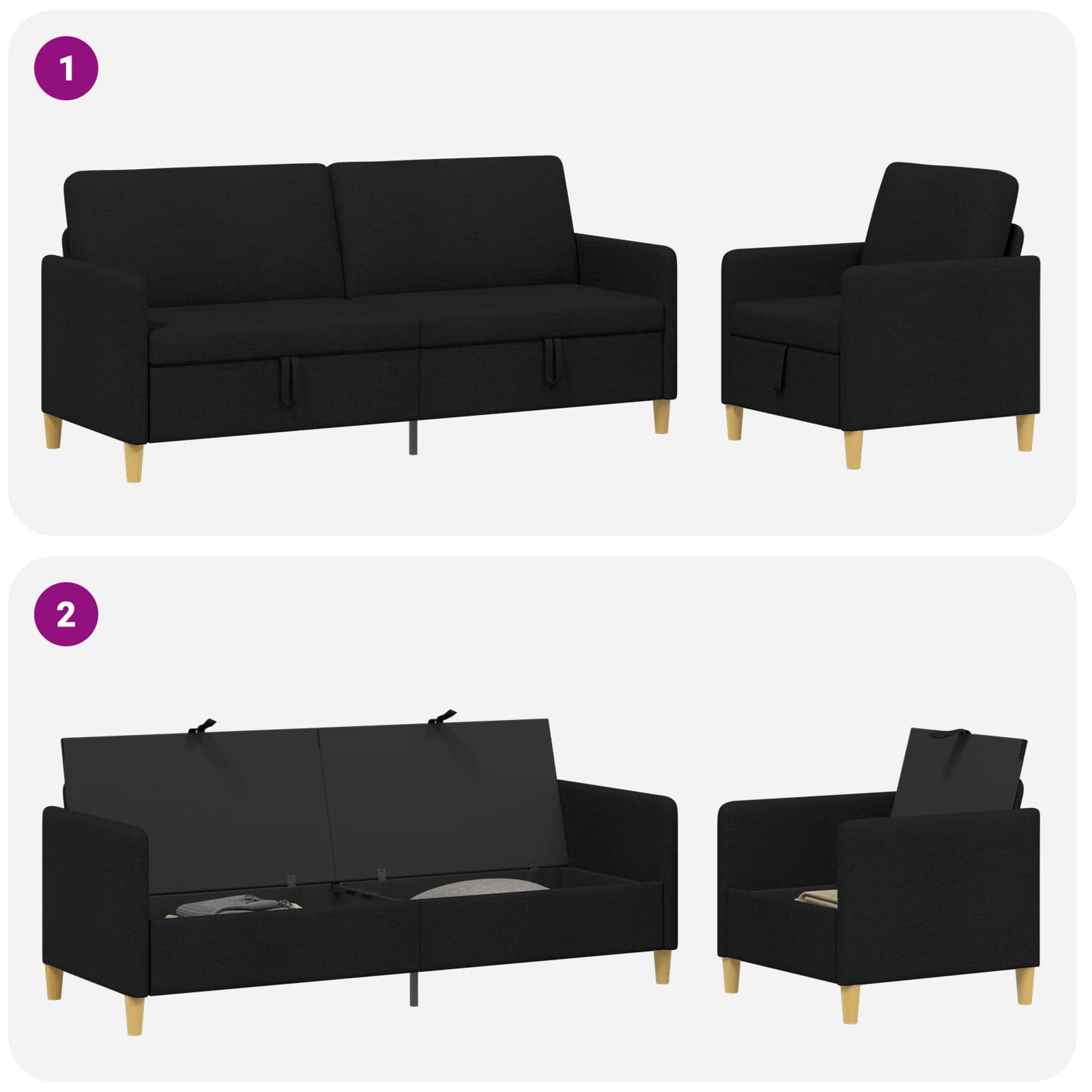 Set di Divani con Storage 2 pcs Nero Poliestere | homemem39