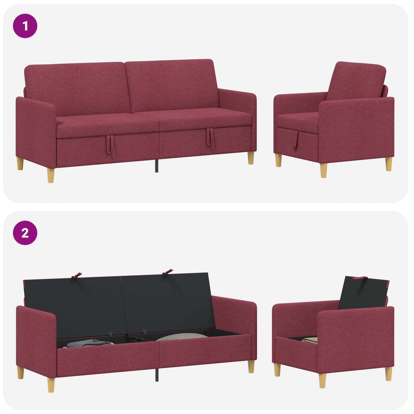 Set di Divani con Storage 2 pz Rosso Vino Poliestere