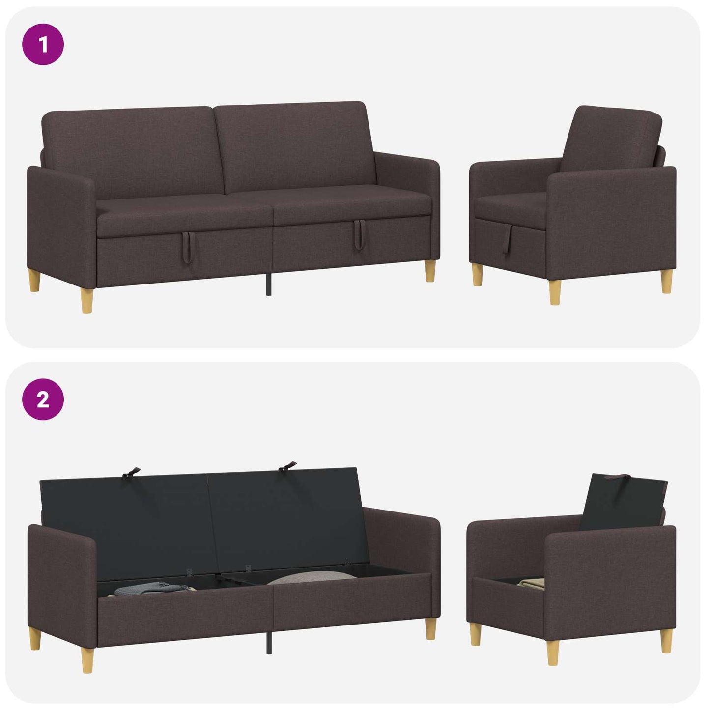 Set di Divani con Storage 2 pcs Marrone Scuro Poliestere | homemem39