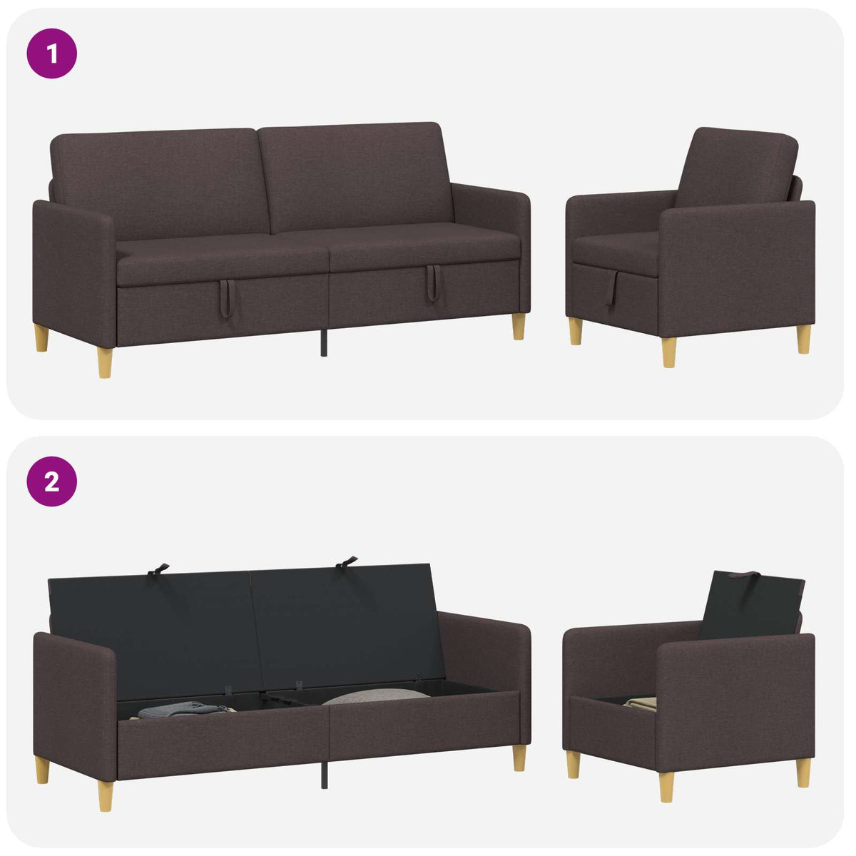 Set di Divani con Storage 2 pz Marrone Scuro Poliestere