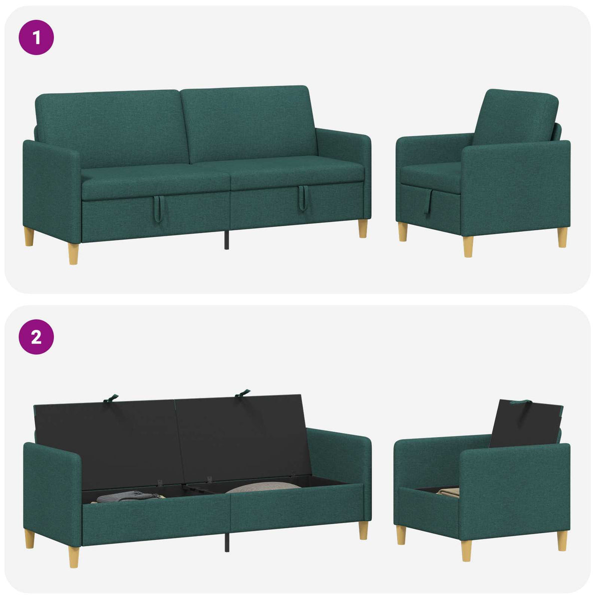 Set di Divani con Storage 2 pz Verde Scuro Poliestere