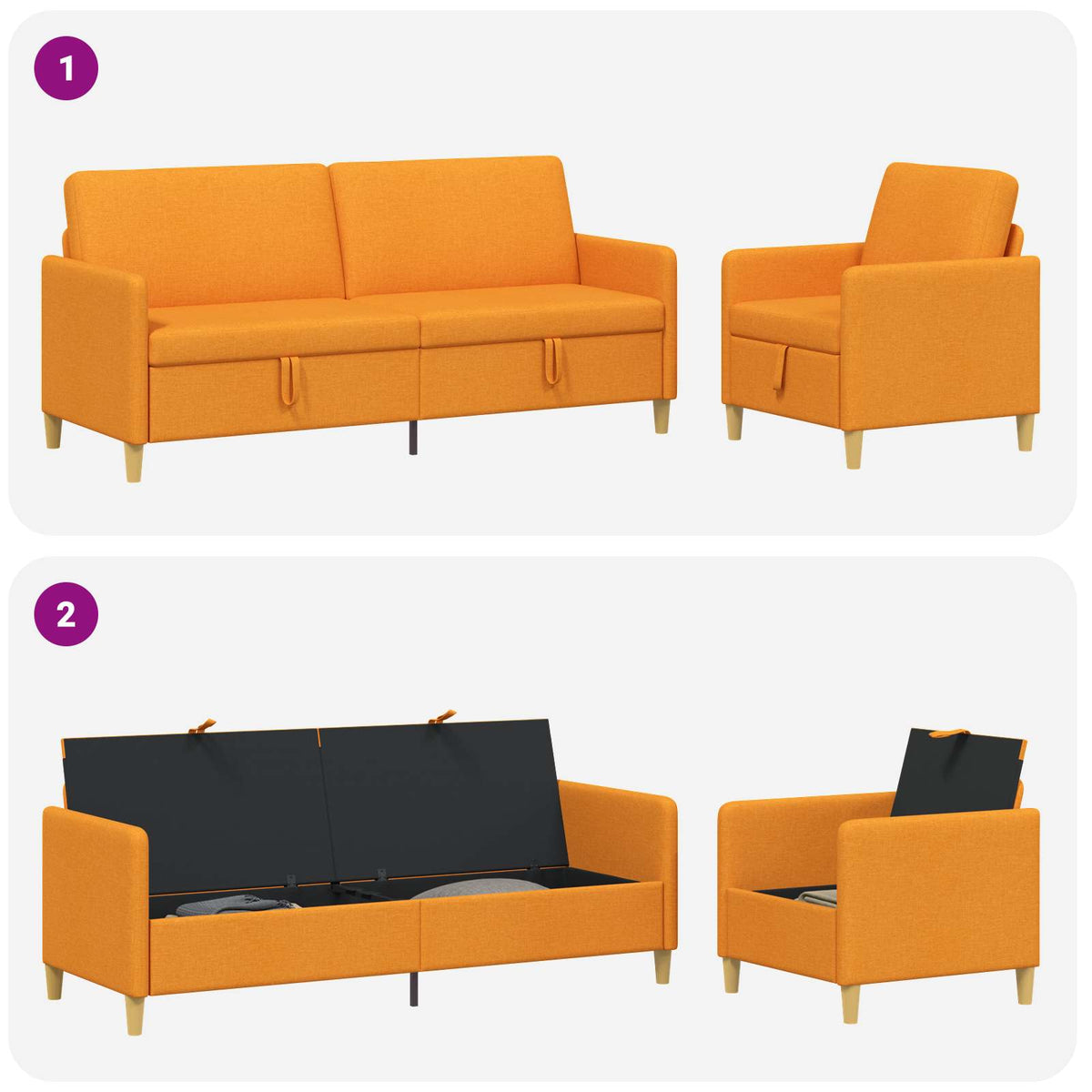 Set di Divani con Storage 2 pz Giallo Scuro Poliestere