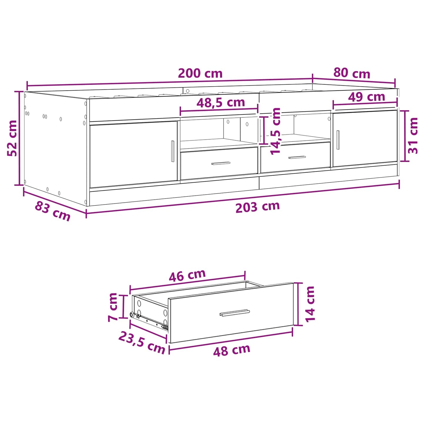 Telaio del letto con storage con porta Rovere Nero 80 x 200 cm | homemem39