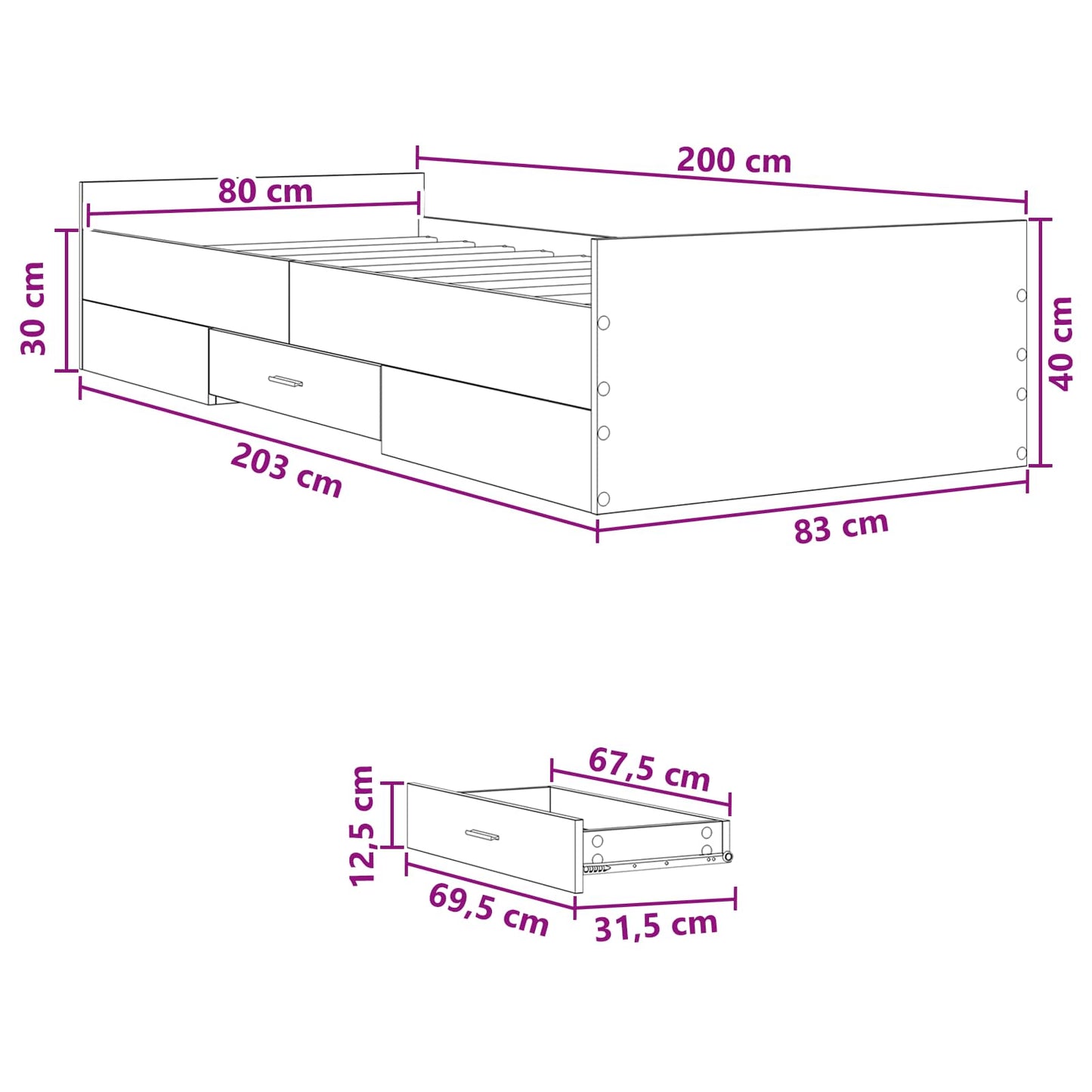 Telaio del letto con storage Grigio Cemento 80 x 200 cm | homemem39
