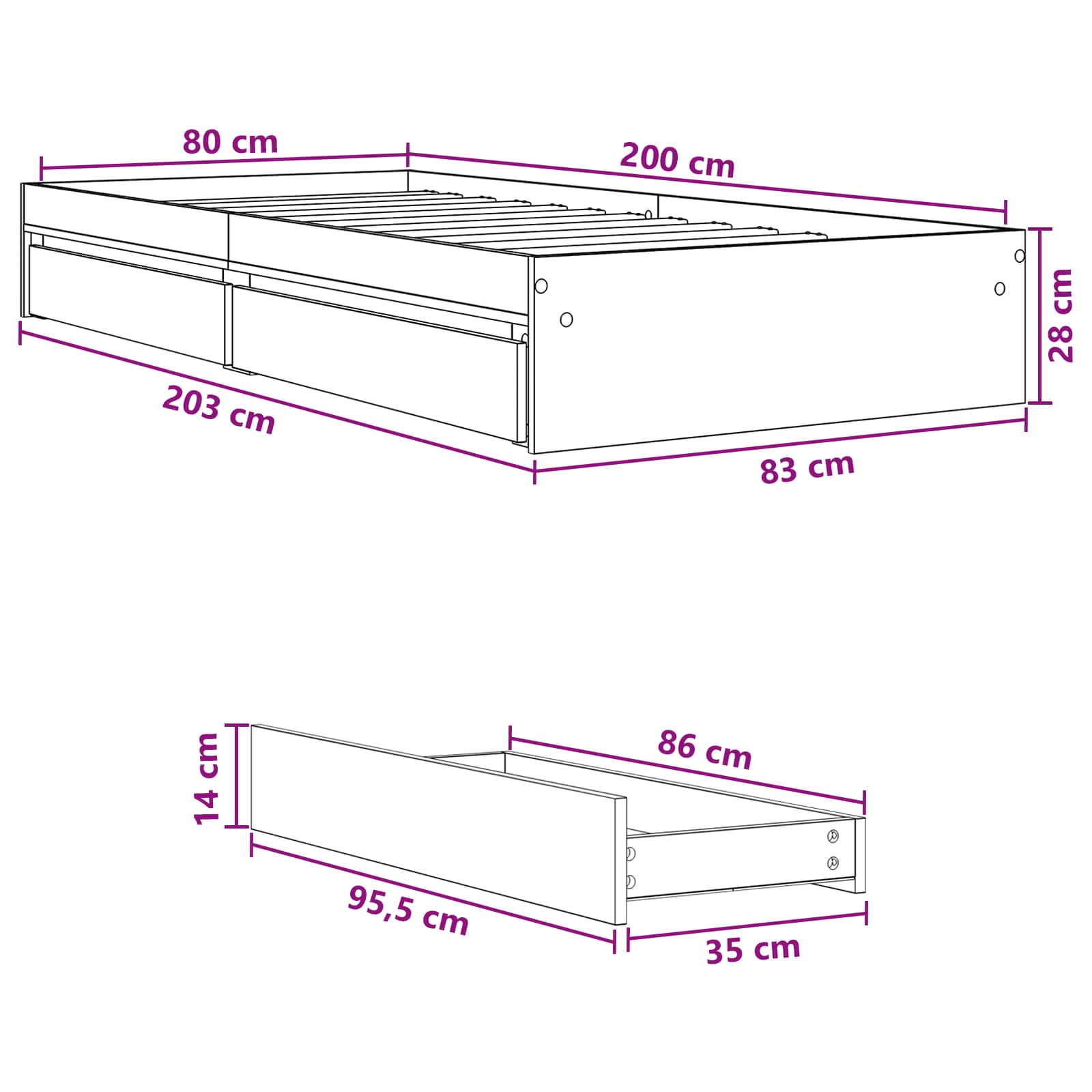 Telaio del letto con storage Sonoma grigio 80 x 200 cm | homemem39