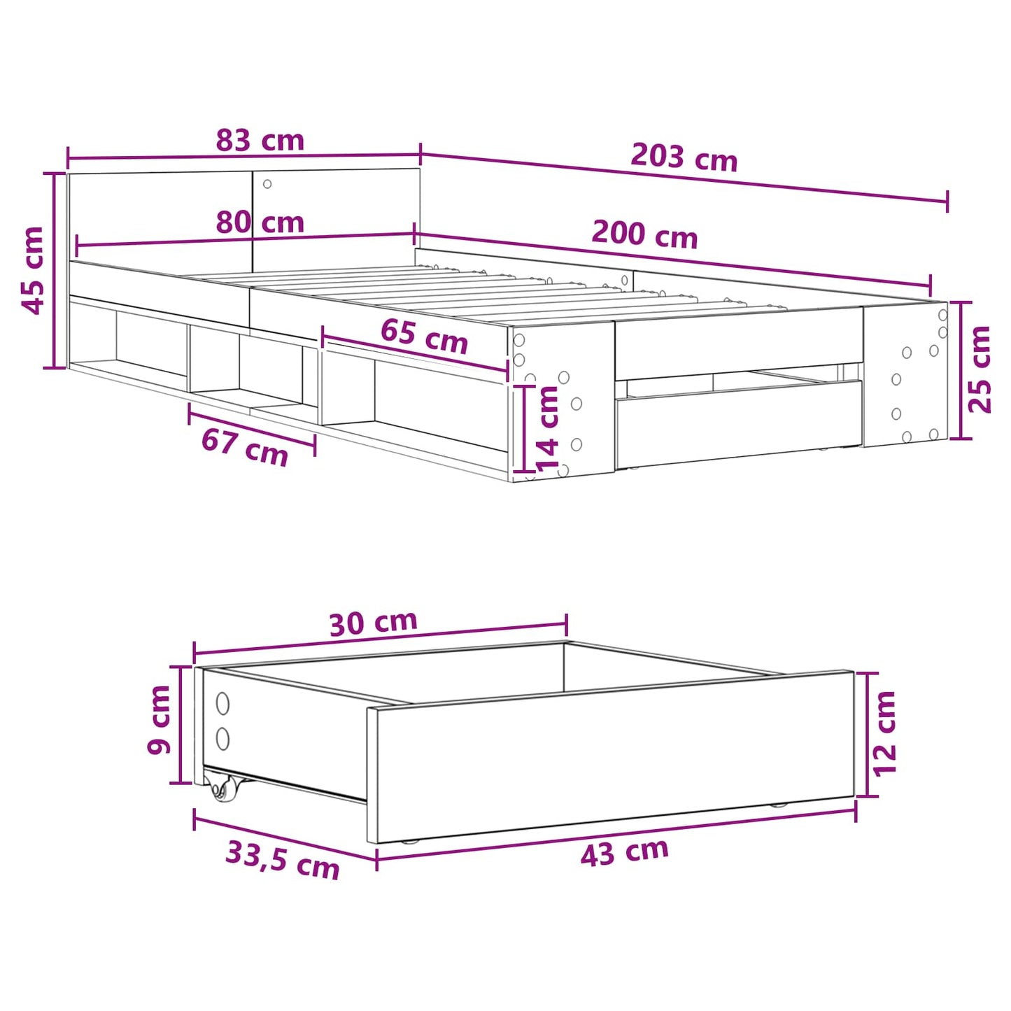 Telaio del letto con storage Sonoma grigio 80 x 200 cm | homemem39