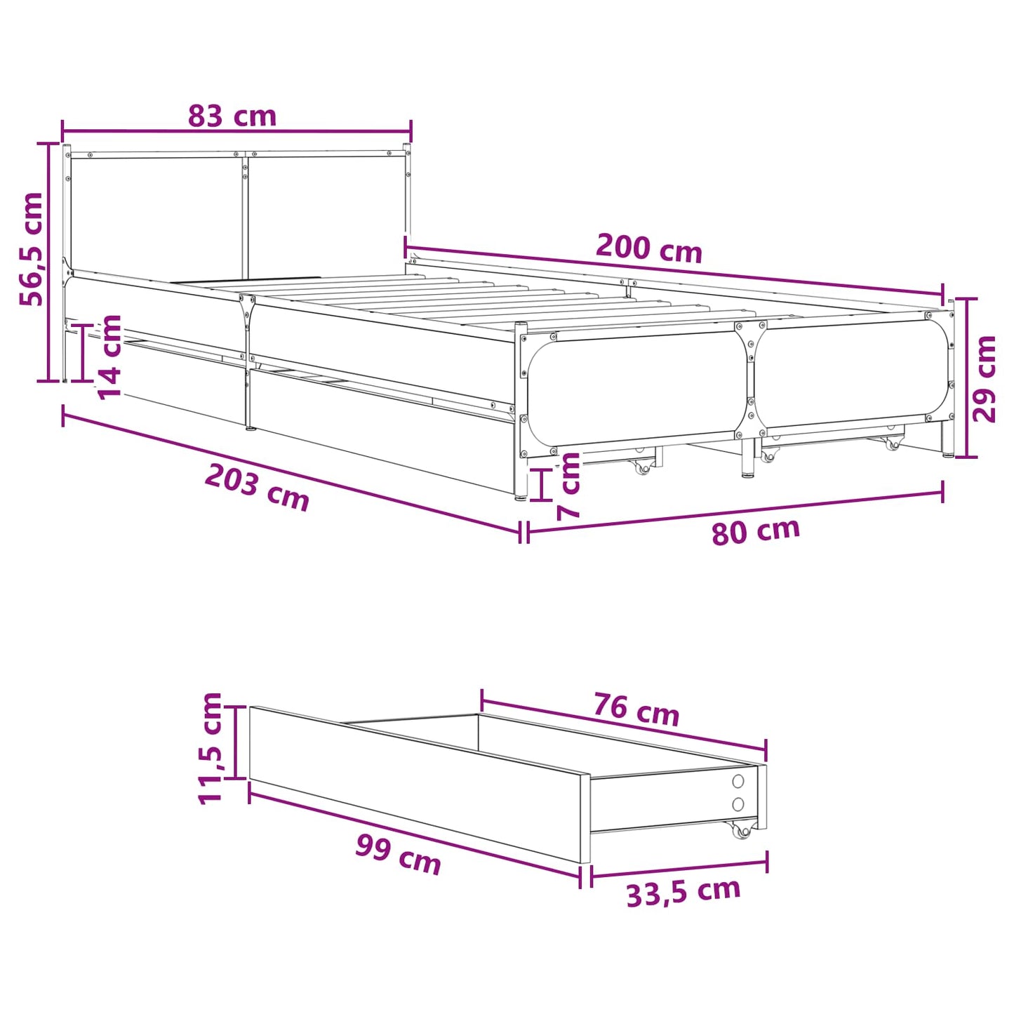 Struttura letto con testata con ruota Rovere Fumo 80 x 200 cm | homemem39