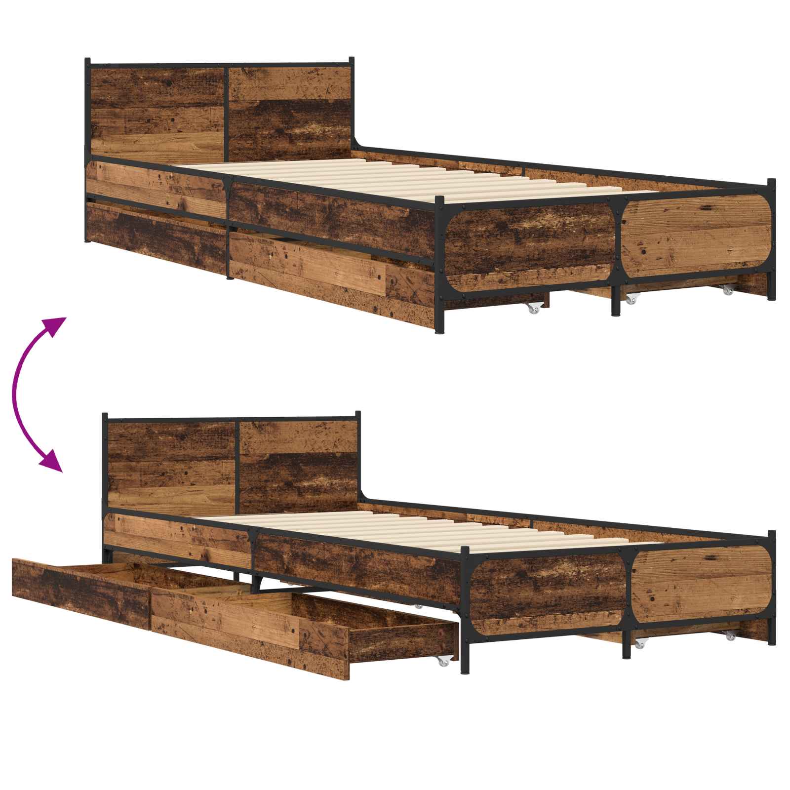 Struttura letto con testata con ruota Legno antico 80 x 200 cm | homemem39