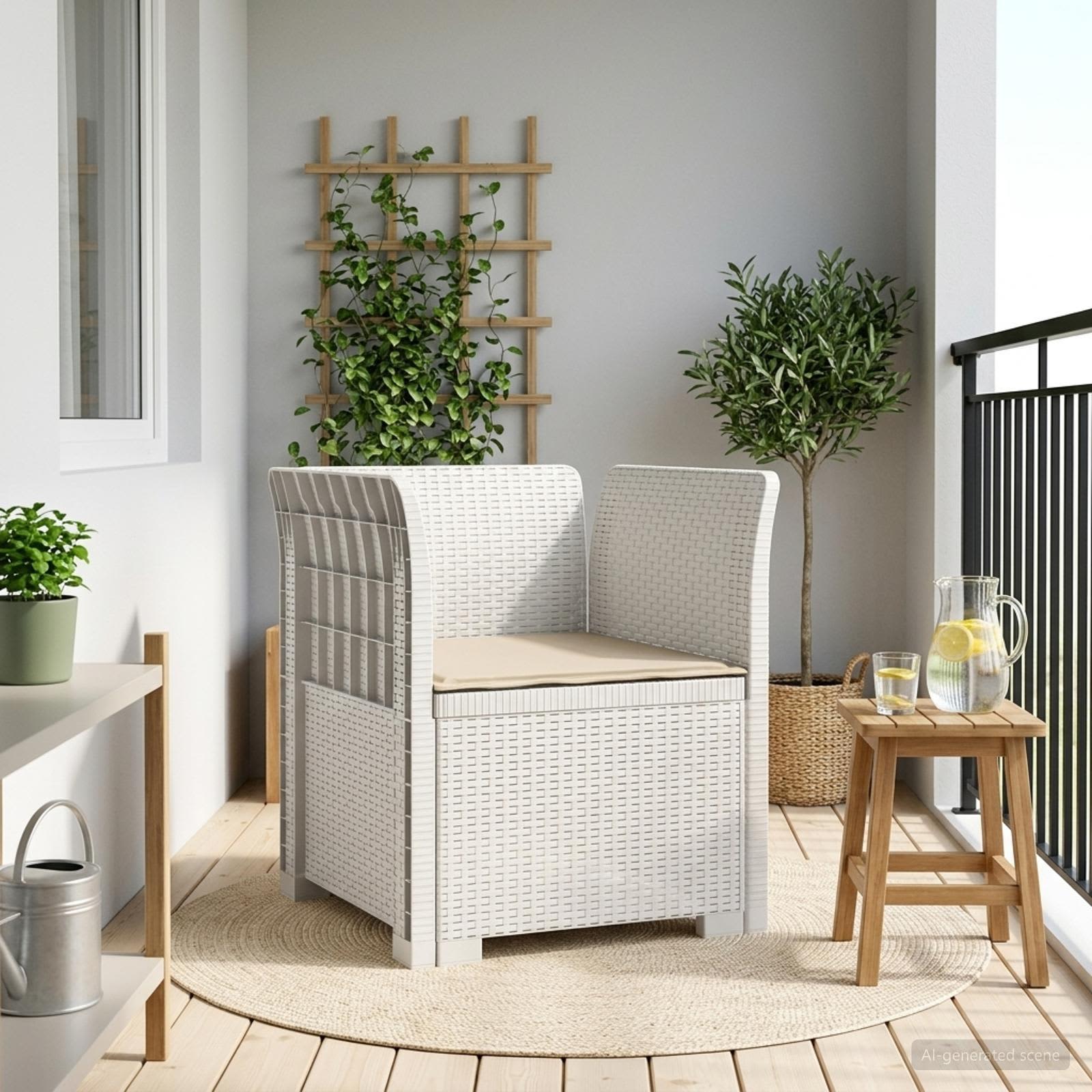 Poltrona a 1 Posto con Cuscino Aspetto Rattan PP Bianco | homemem39