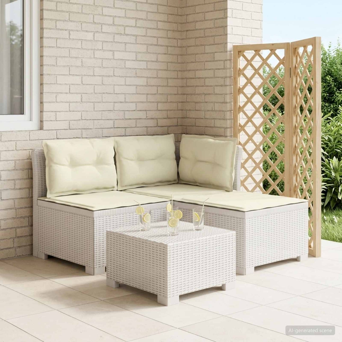 Divano da giardino 3 posti con cuscini in look rattan PP Bianco | homemem39