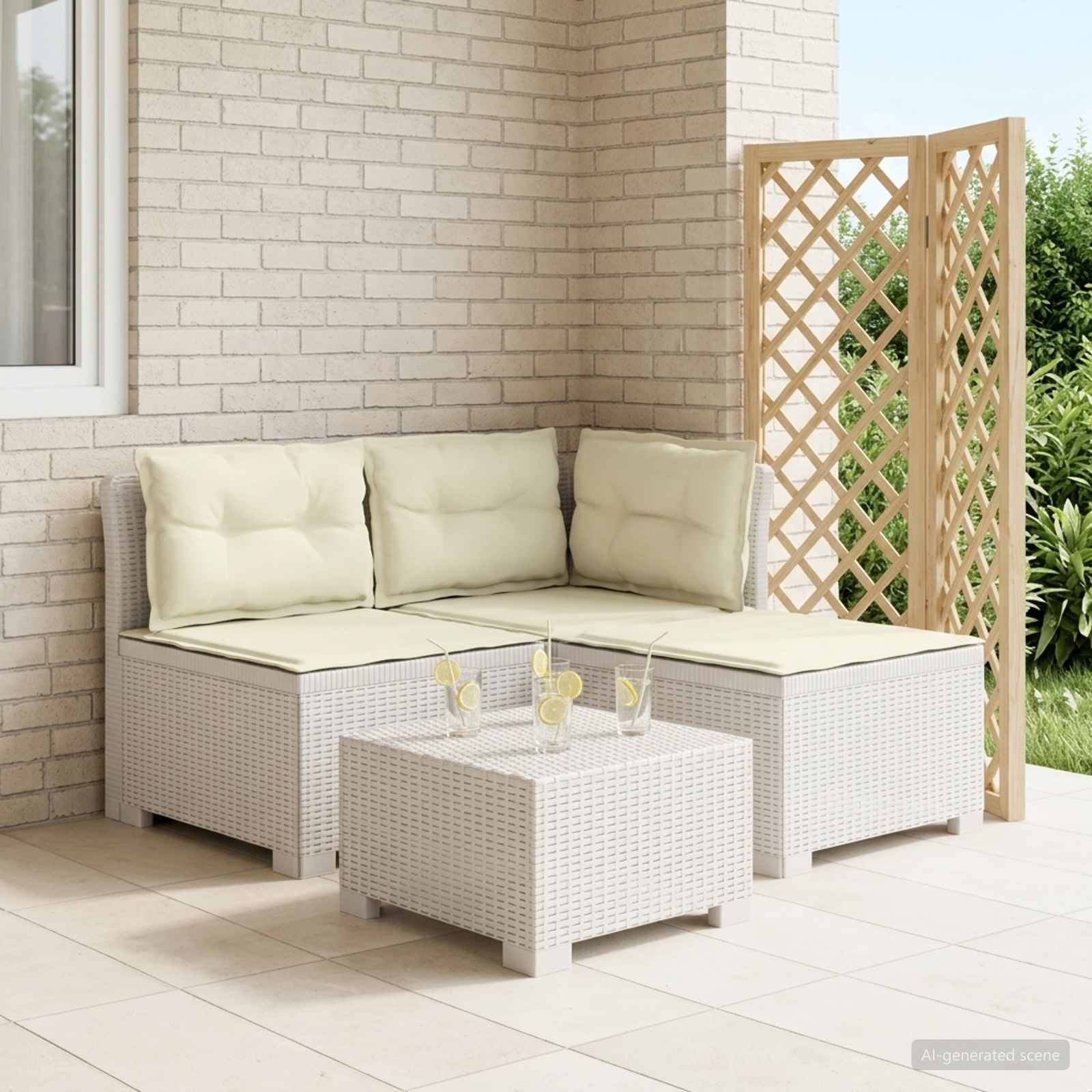 Divano da giardino 3 posti con cuscini in look rattan PP Bianco | homemem39