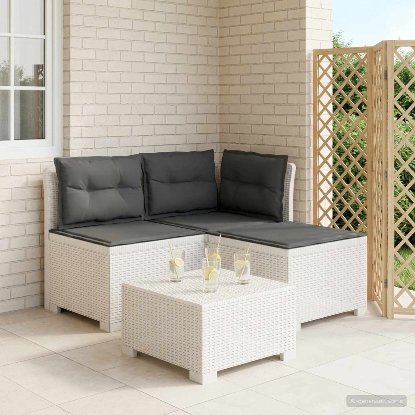 Divano da giardino 3 posti con cuscini in look rattan PP Bianco | homemem39