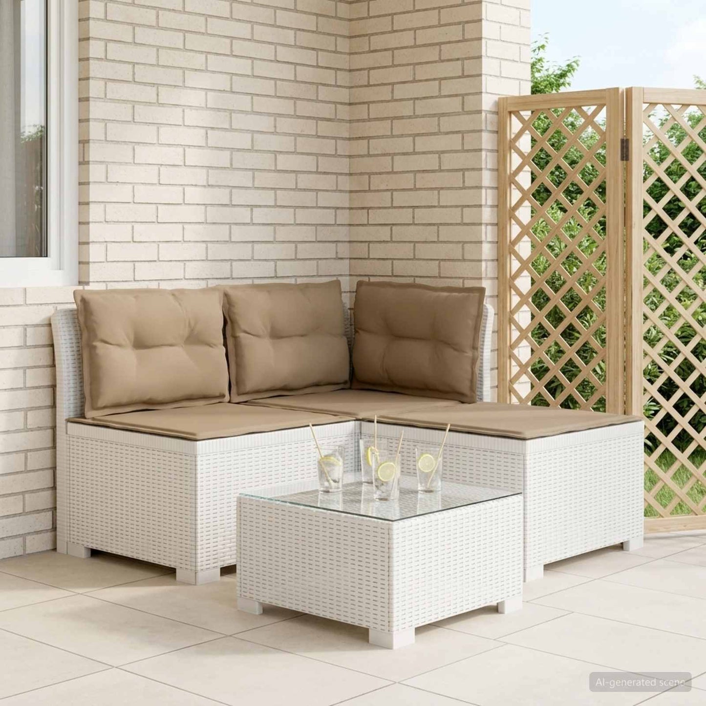 Divano da giardino 3 posti con cuscini in look rattan PP Bianco