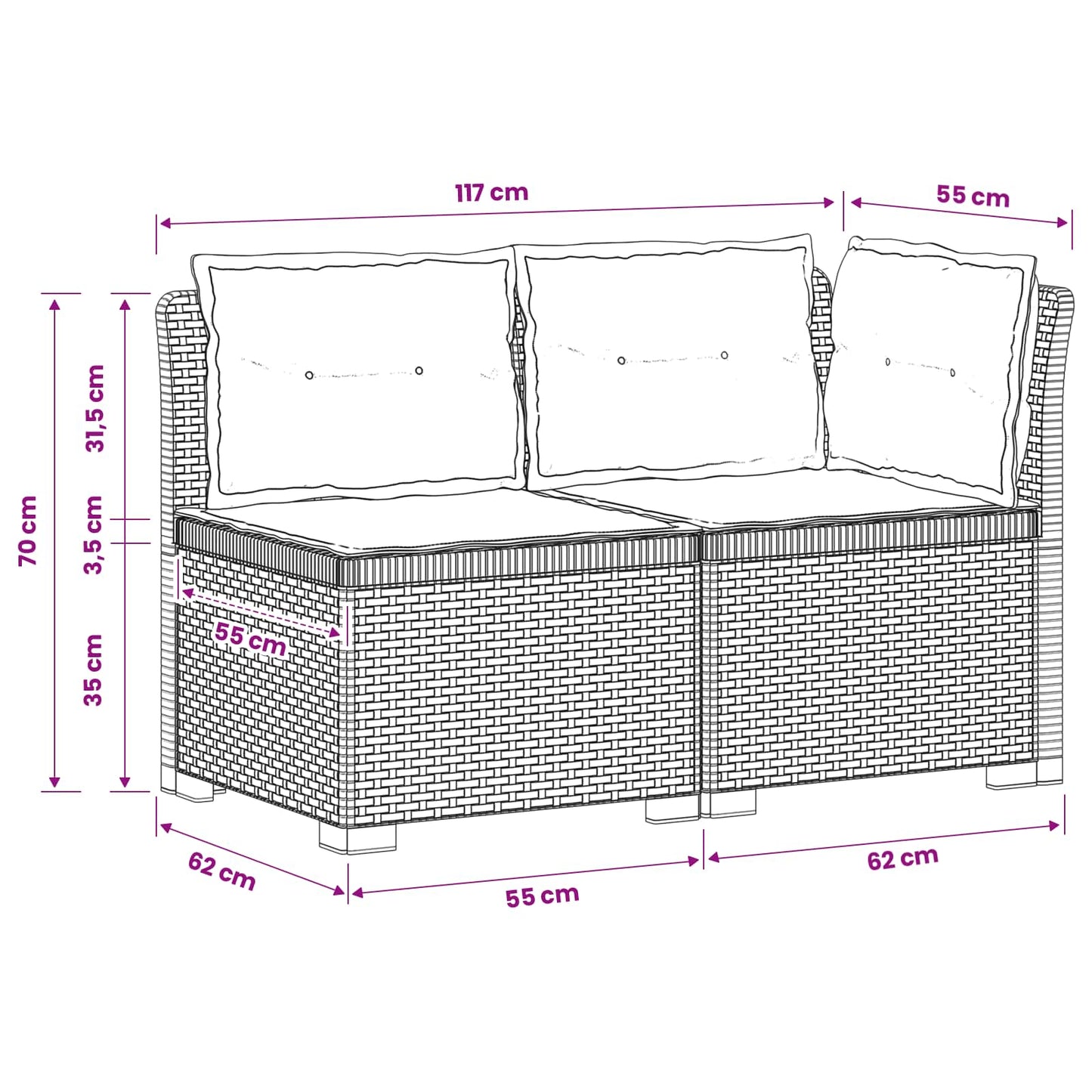 Divano da Giardino a 2 Posti con Cuscini Aspetto Rattan PP | homemem39