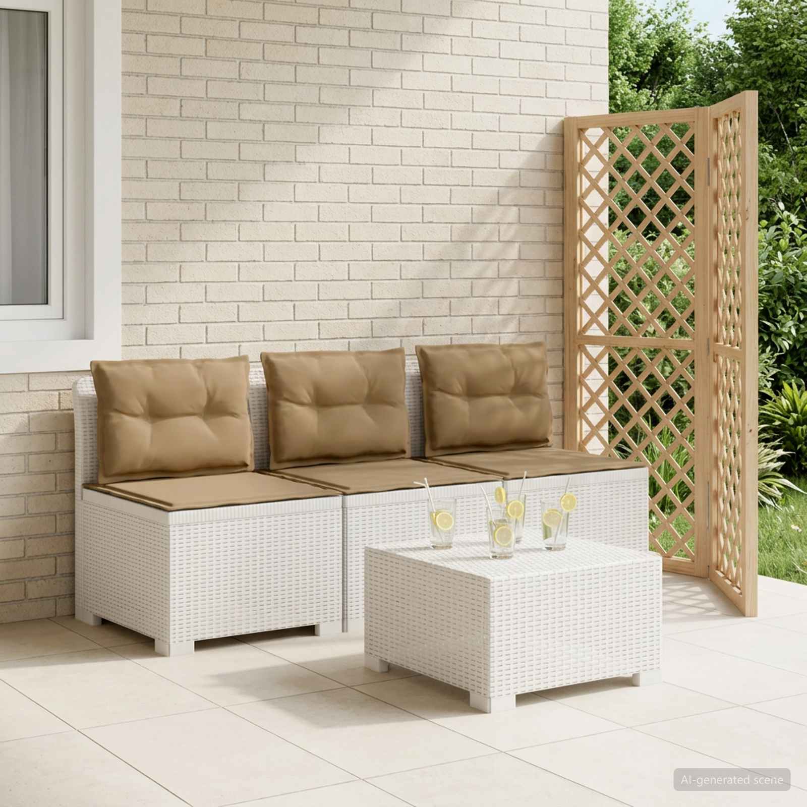 Divano da giardino 3 posti con cuscini in look rattan PP Bianco | homemem39