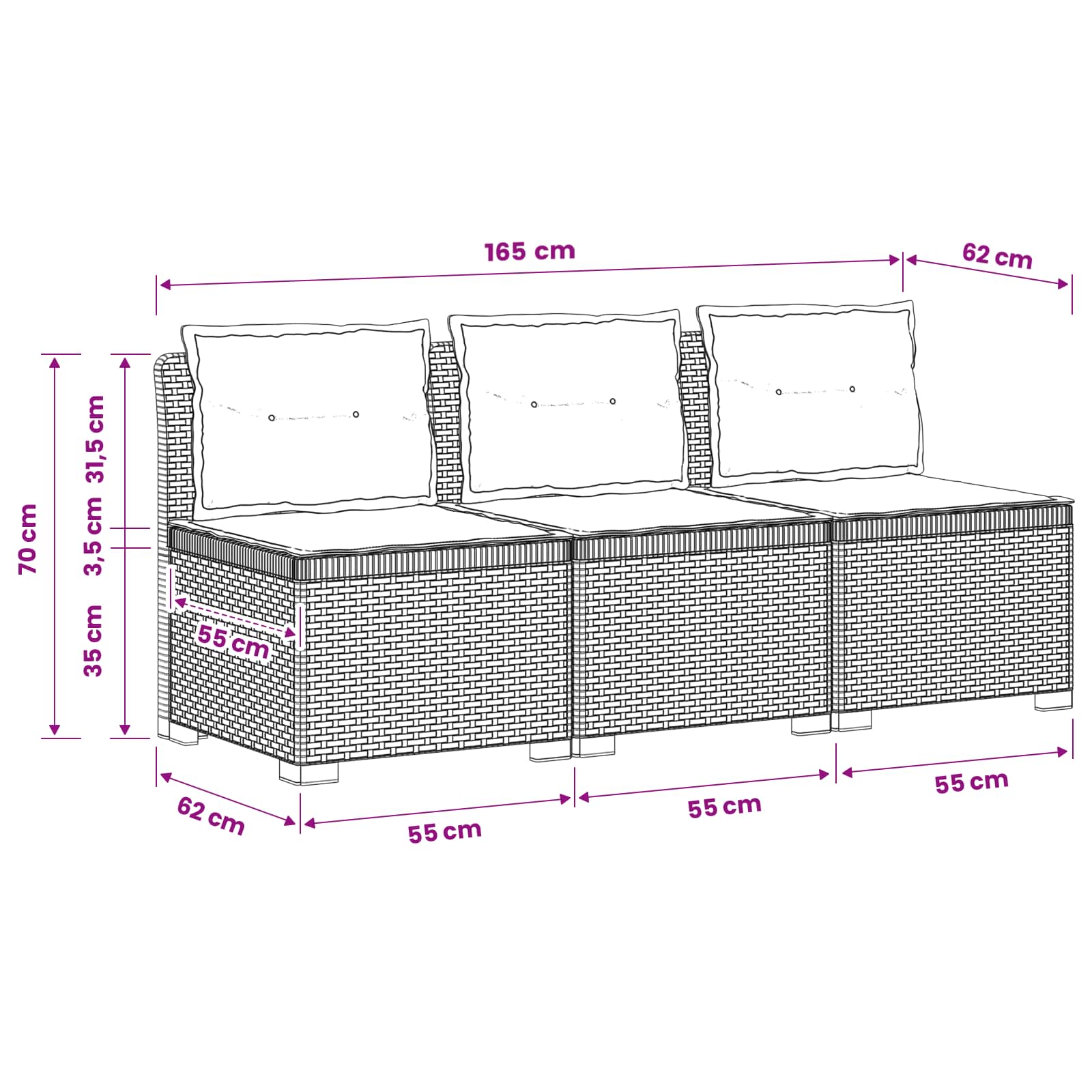 Divano da giardino 3 posti con cuscini in look rattan PP Bianco | homemem39