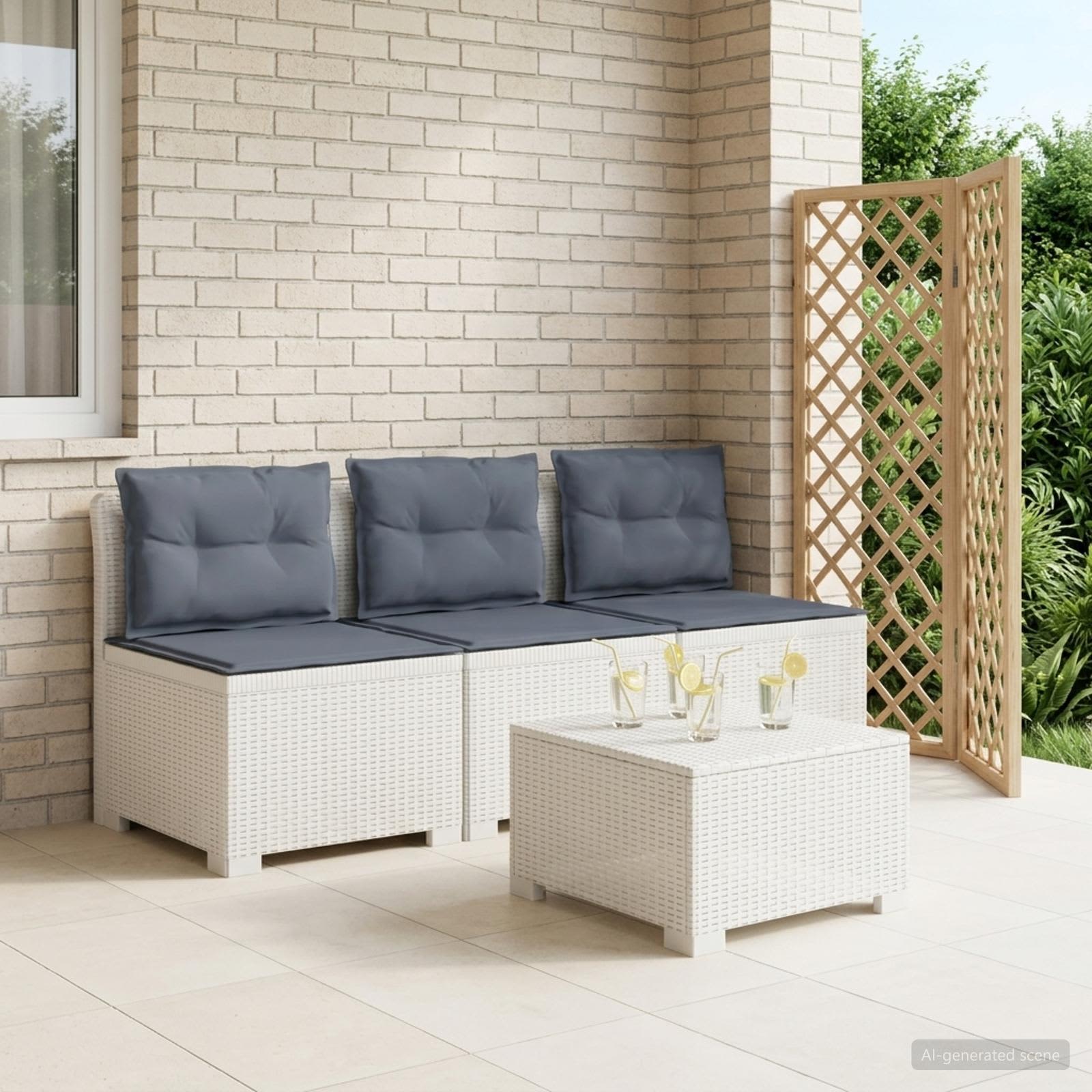 Divano da giardino 3 posti con cuscini in look rattan PP Bianco | homemem39