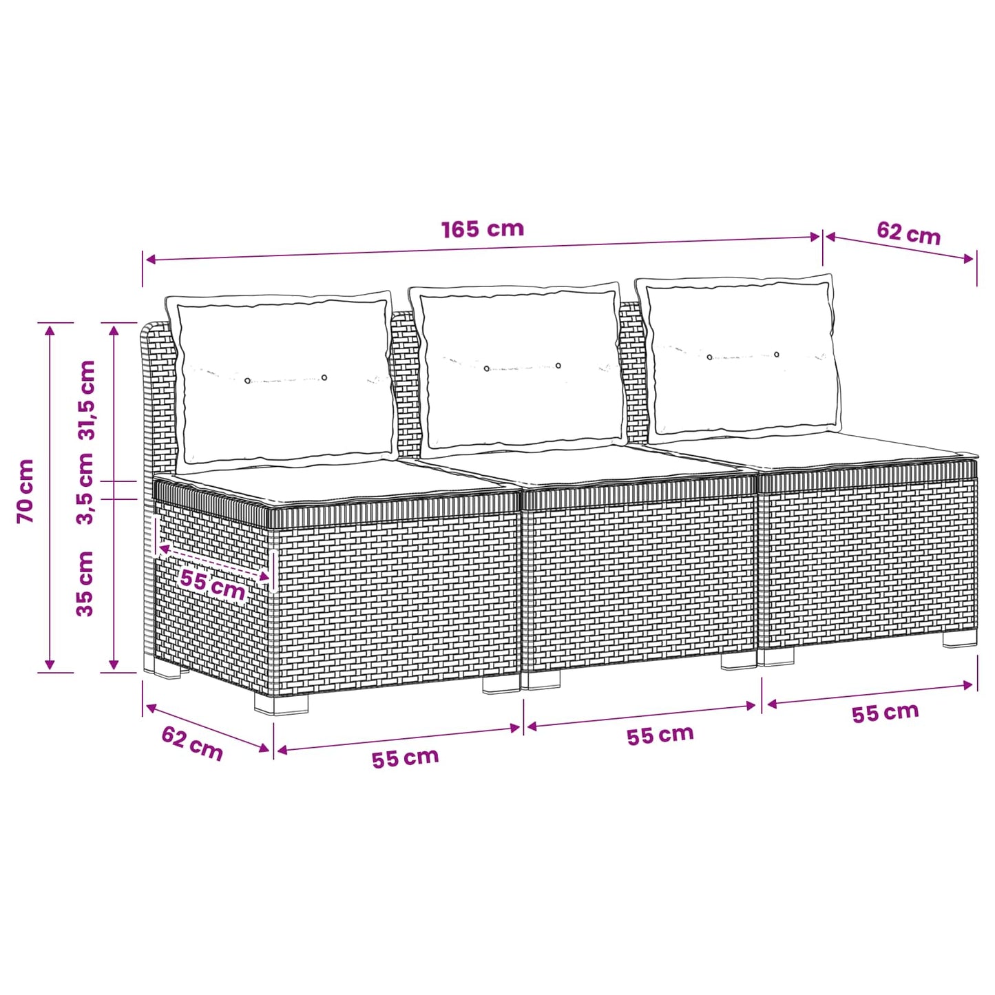 Divano da giardino 3 posti con cuscini in look rattan PP Bianco | homemem39