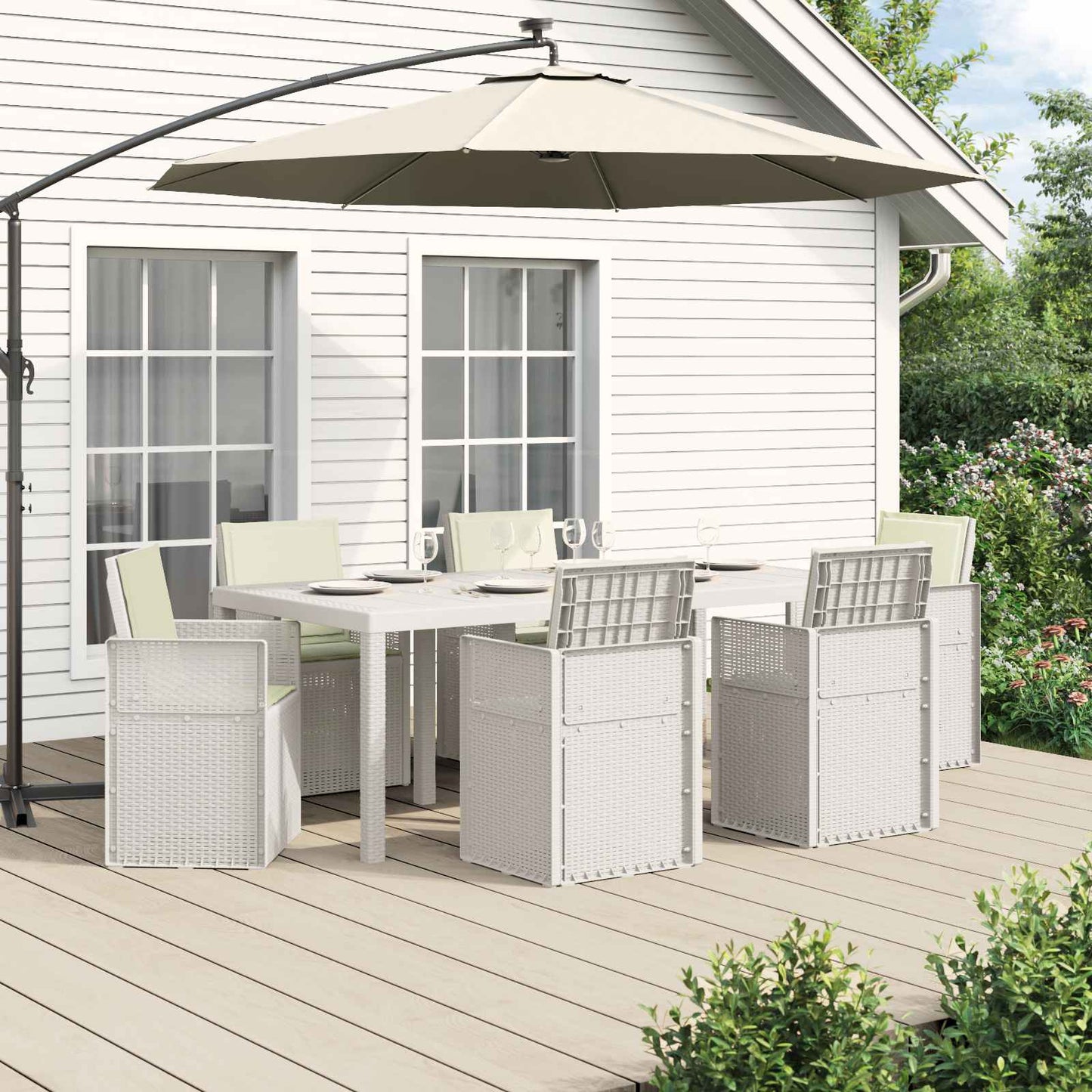 Set da Pranzo per Giardino con cuscino 7 pcs Bianco e Crema PP | homemem39