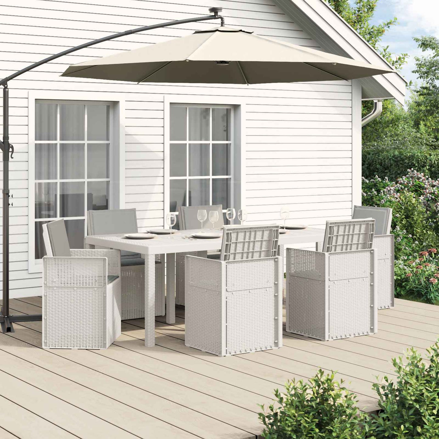 Set da Pranzo per Giardino 7 pcs Bianco e Grigio Chiaro PP | homemem39