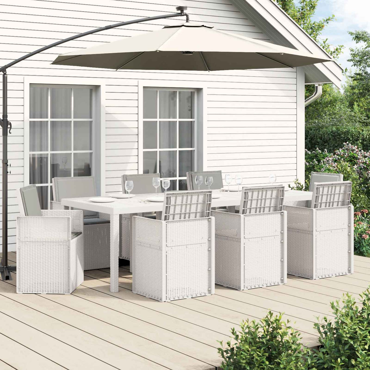 Set da Pranzo per Giardino 9 pz Bianco e Grigio Chiaro PP