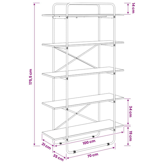 Libreria 5 livelli 100 x 35 x 175,5 cm PB Rovere Fumo | homemem39