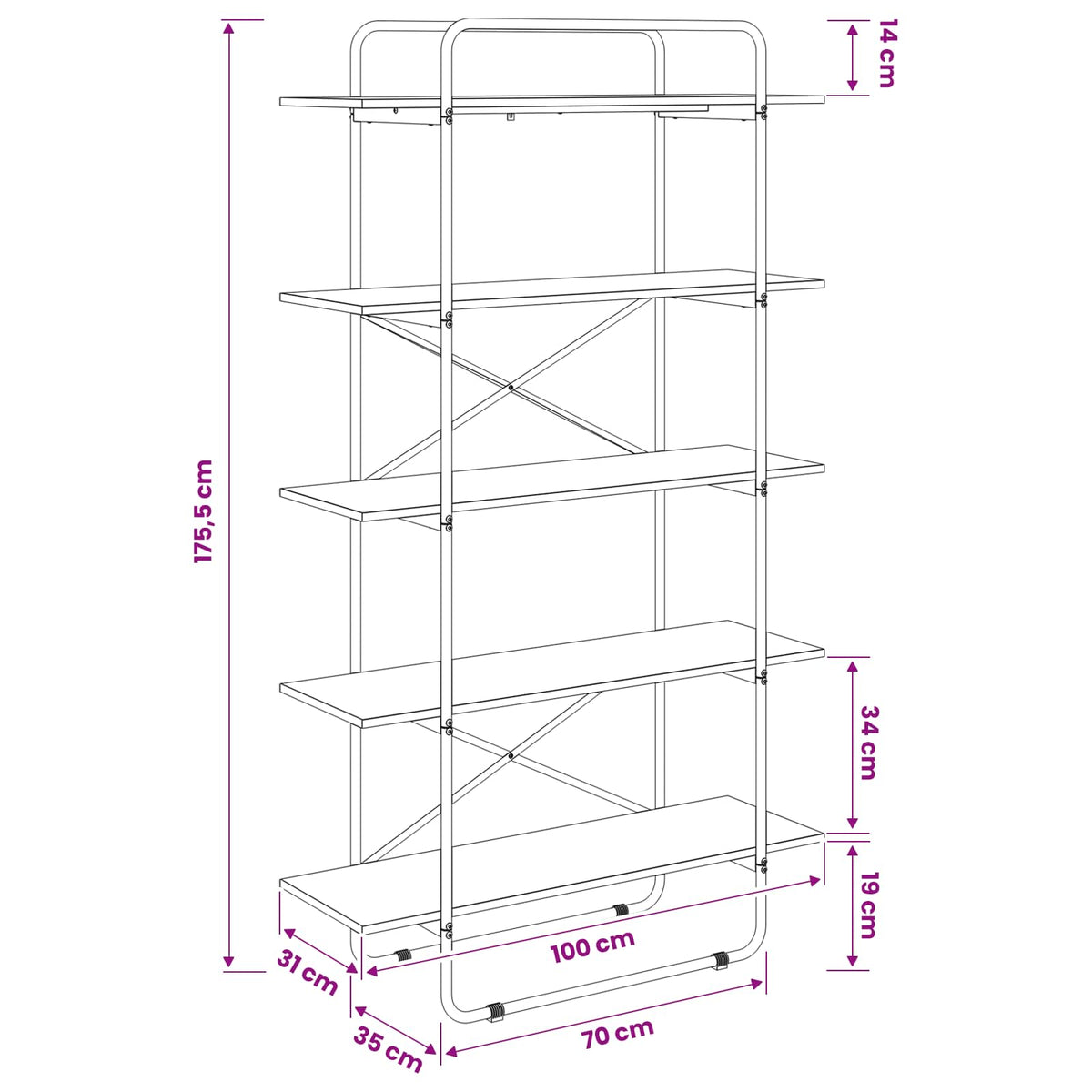 Libreria 5 livelli 100 x 35 x 175,5 cm PB Legno di quercia | homemem39