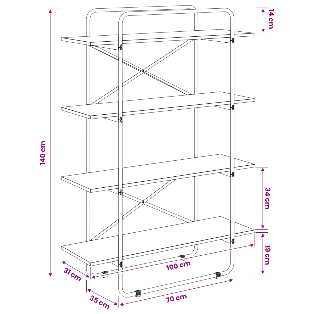 Libreria 4 livelli 100 x 35 x 140 cm PB Rovere Fumo | homemem39