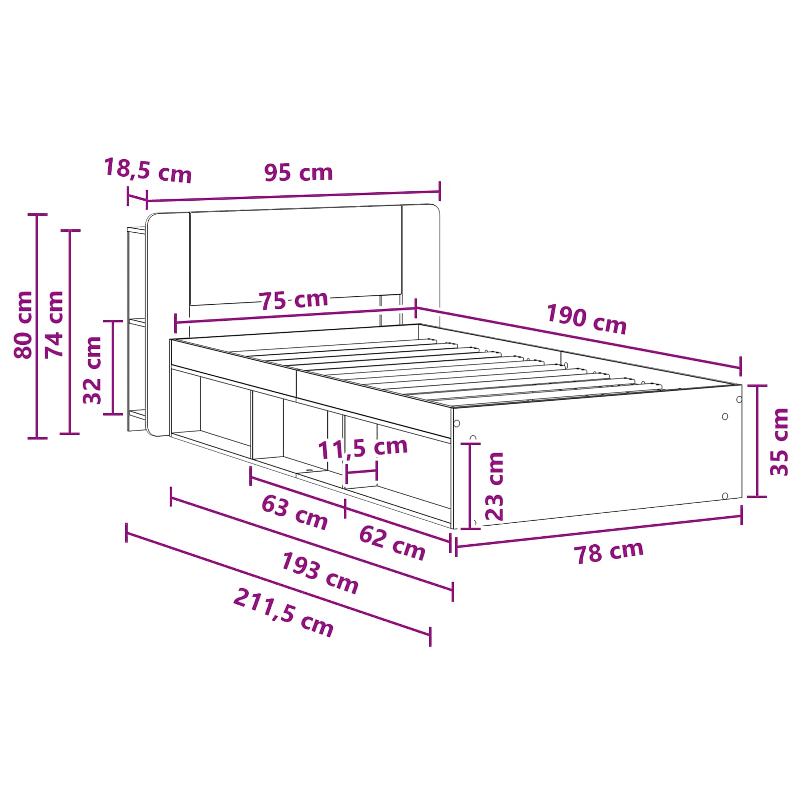Telaio del letto con storage Rovere Artigianale 75 x 190 cm | homemem39