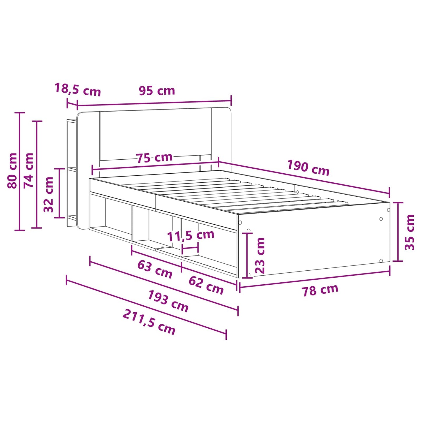 Telaio del letto con storage con testiera Bianco 75 x 190 cm | homemem39