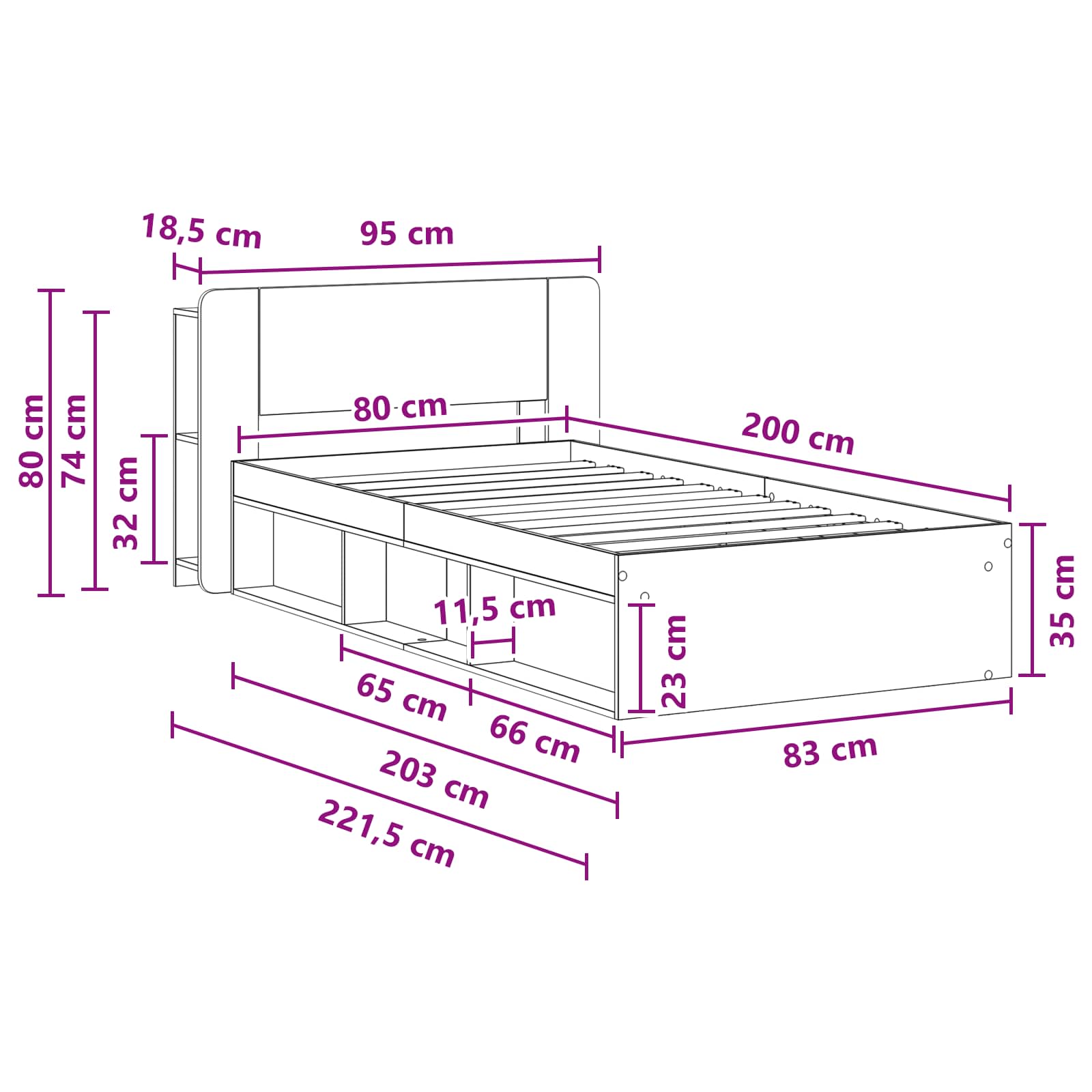 Telaio del letto con storage con testiera Bianco 80 x 200 cm | homemem39