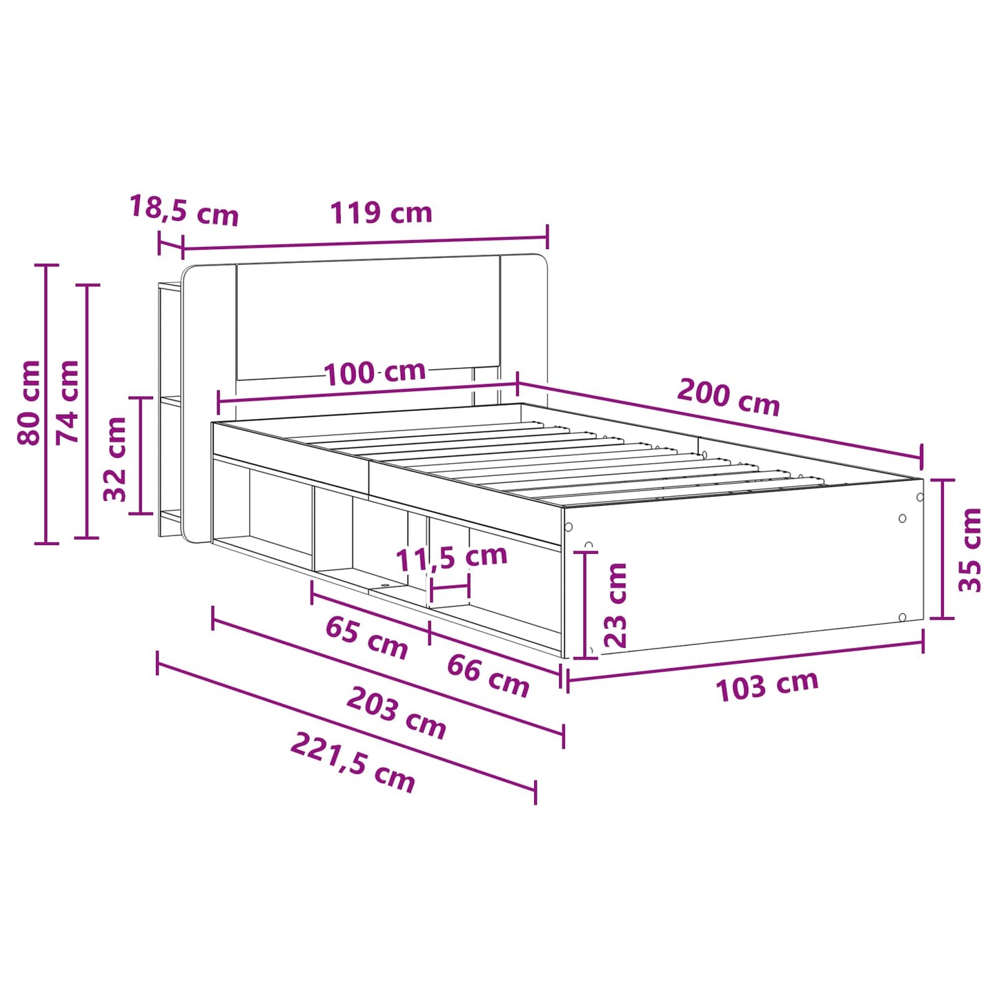 Telaio del letto con storage Rovere Fumo 100 x 200 cm | homemem39