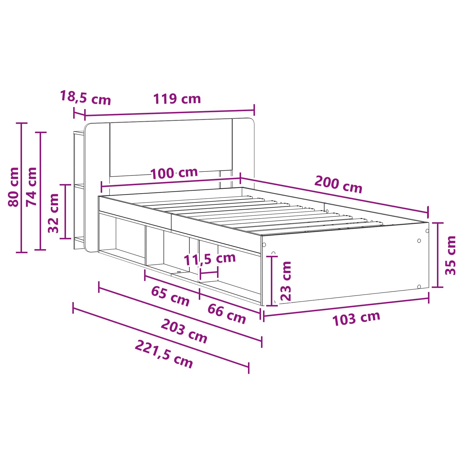 Telaio del letto con storage con testiera Bianco 100 x 200 cm | homemem39