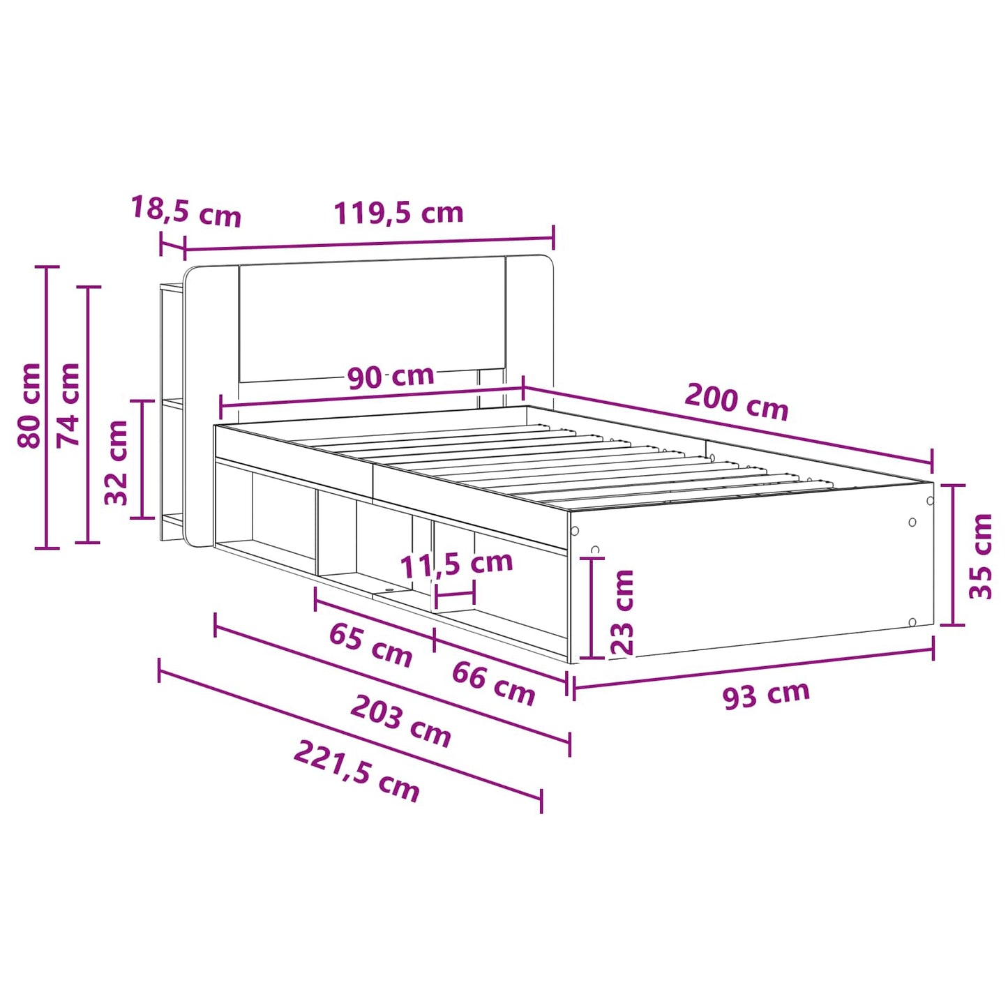 Telaio del letto con storage Grigio Cemento 90 x 200 cm | homemem39
